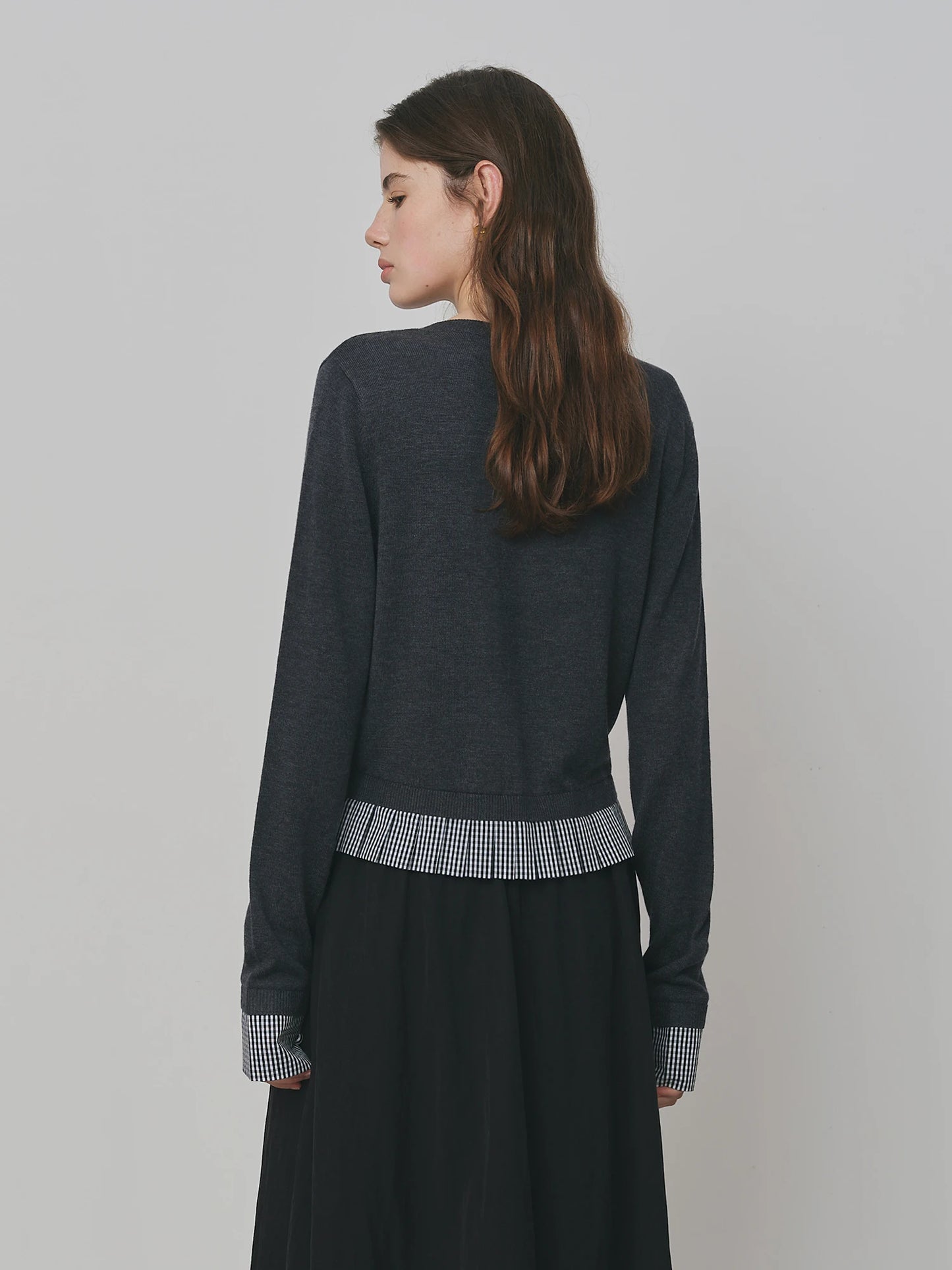Black Plaid Hem Knit Cardigan