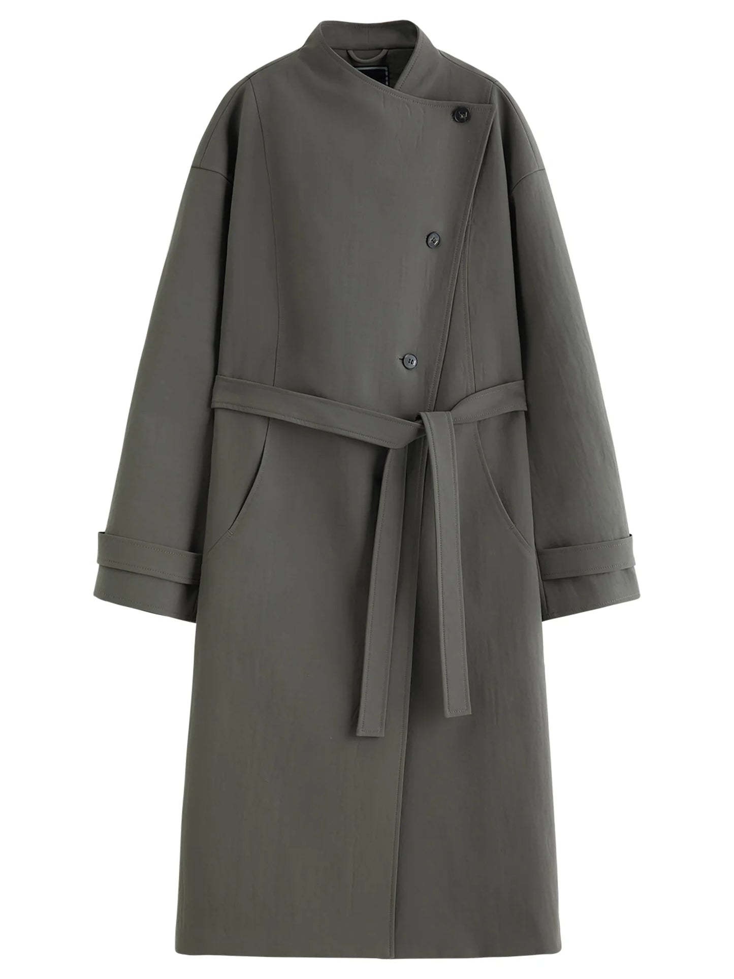 Dark Olive Asymmetric Belted Long Trench
