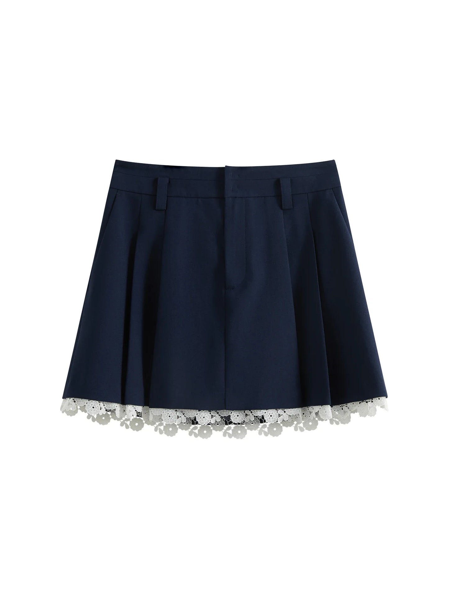 Navy Lace Trim Pleated Mini Skirt