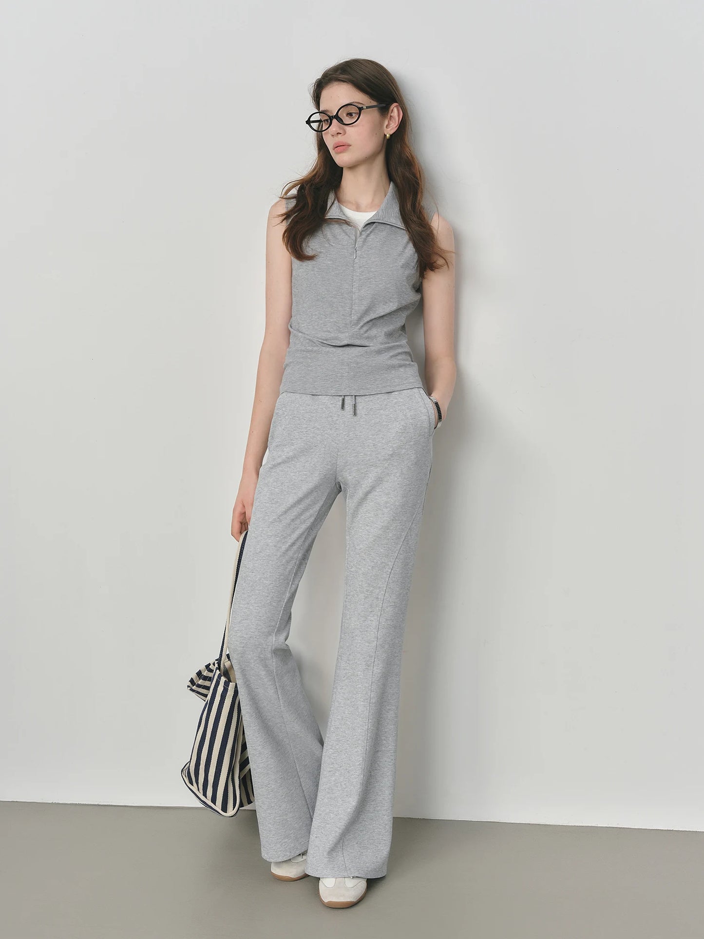 Grey Drawstring Flared Knit Pants