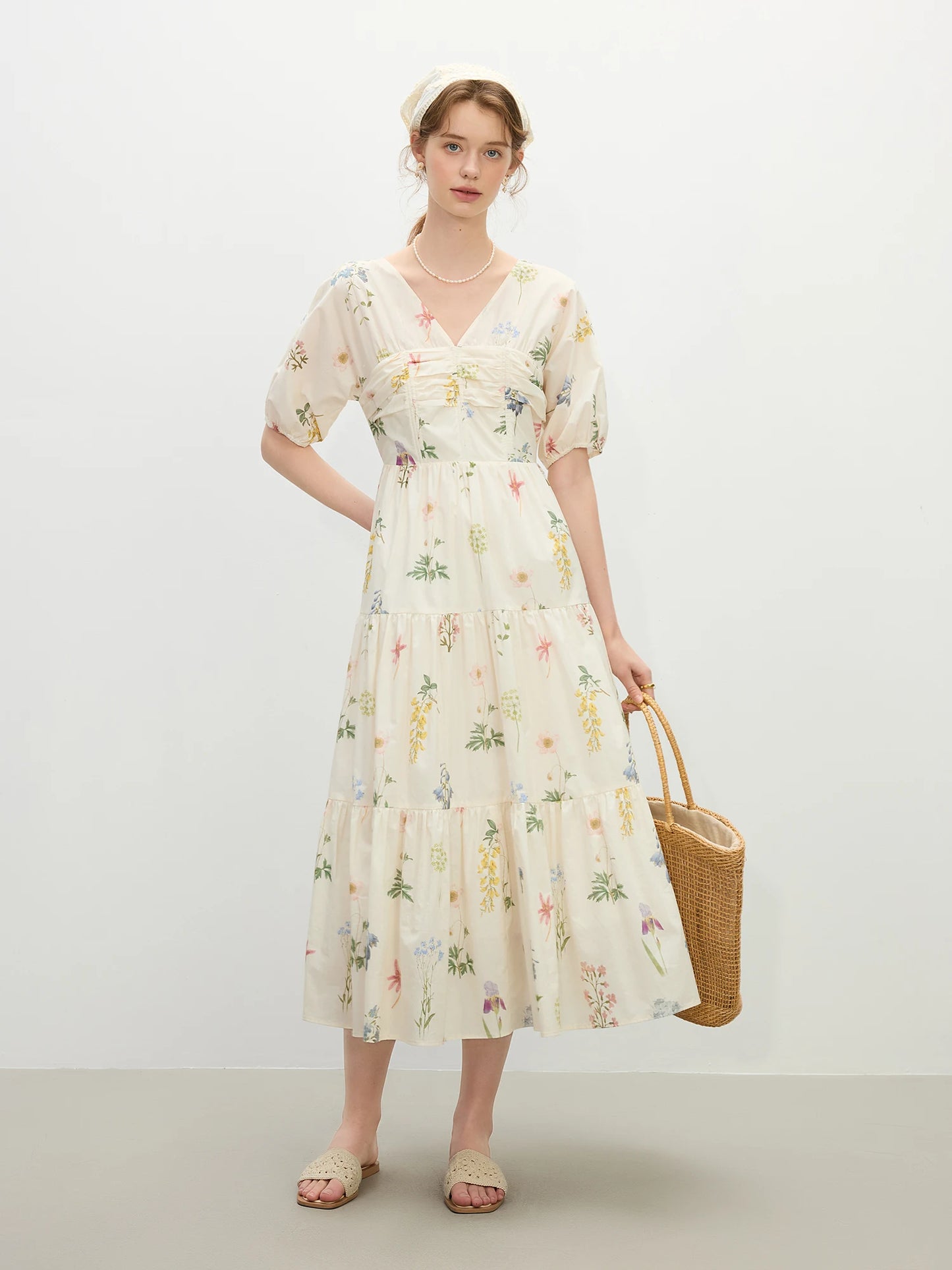 Ivory Floral V-Neck Midi Dress