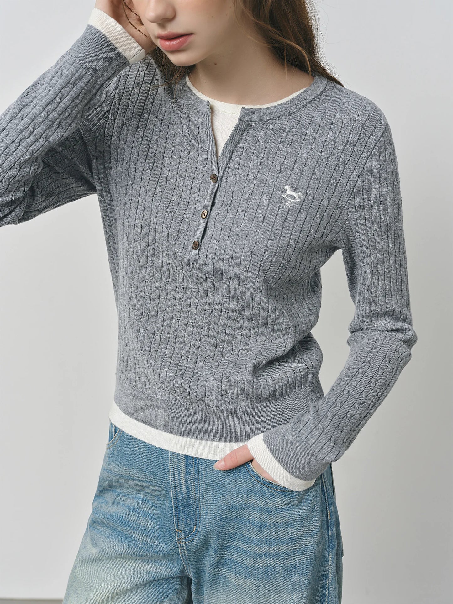 Grey Ribbed Henley Knit Top
