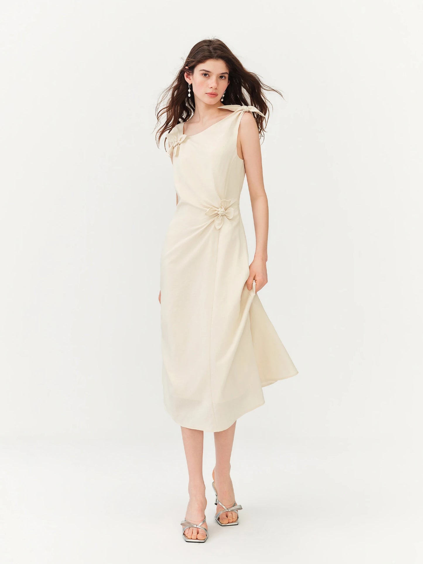 Mint Asymmetric Floral Applique Midi Dress
