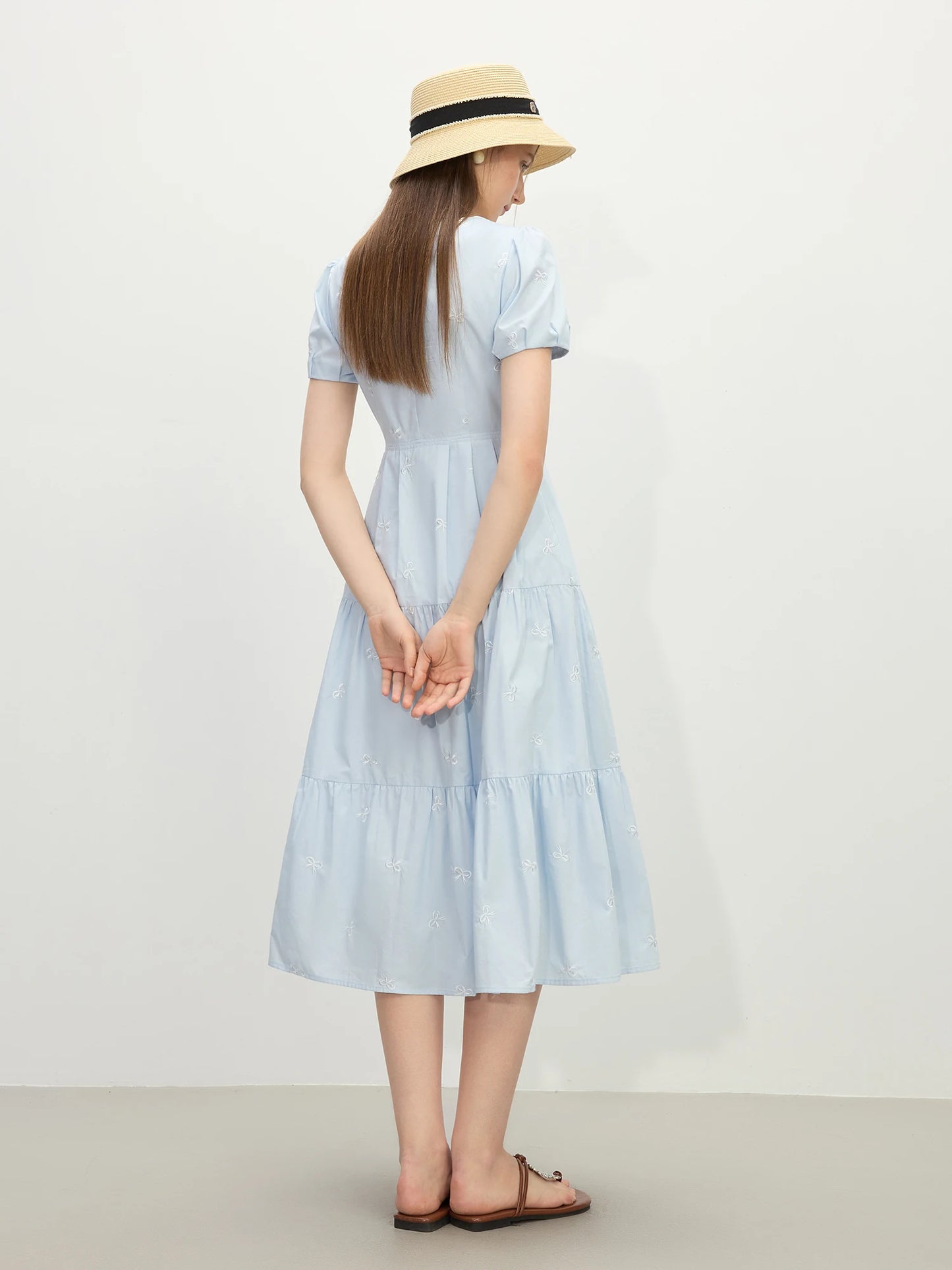Pale Blue Tiered V-Neck Midi Dress