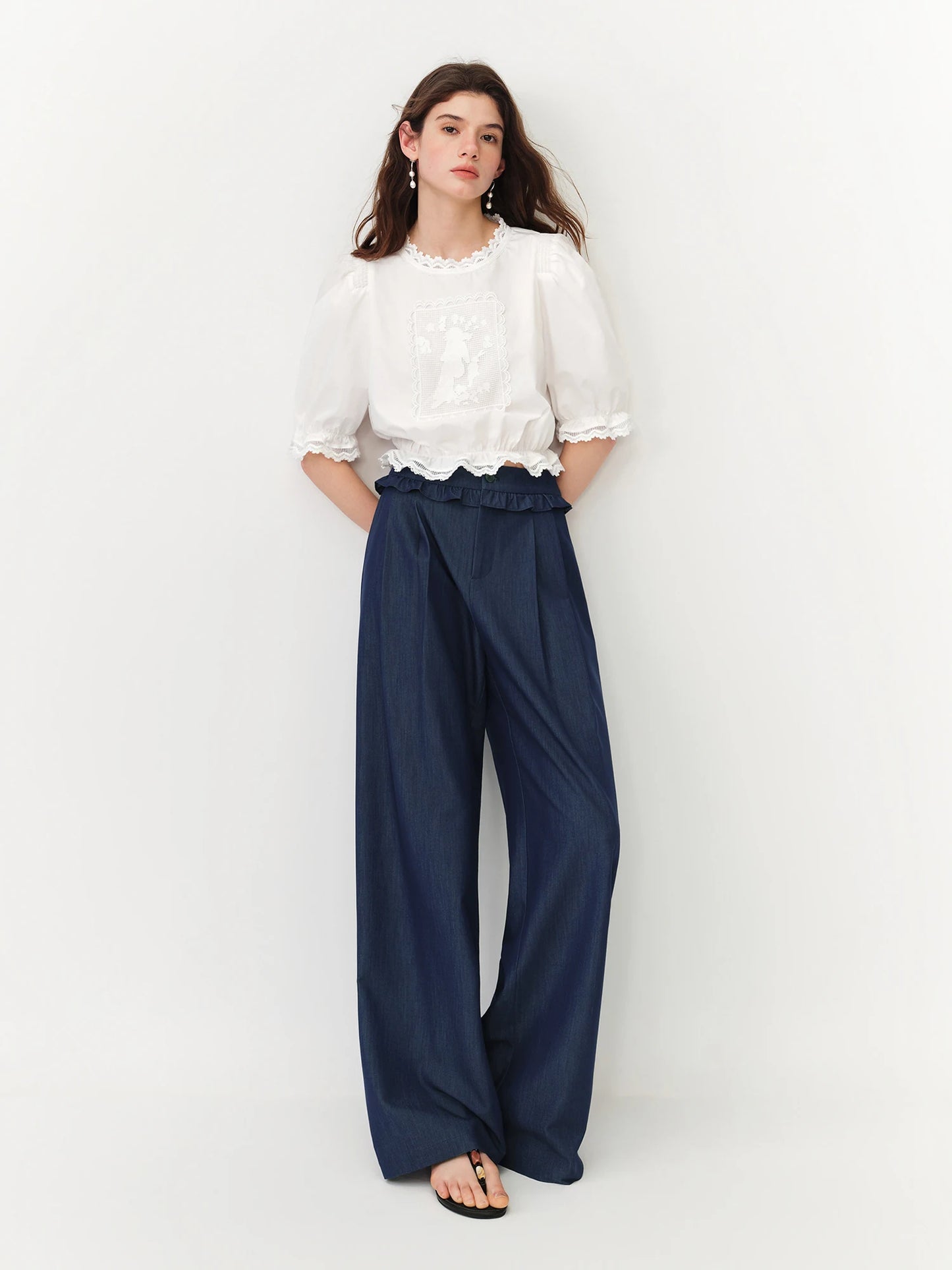 Navy Ruffle Waist Wide Leg Pants