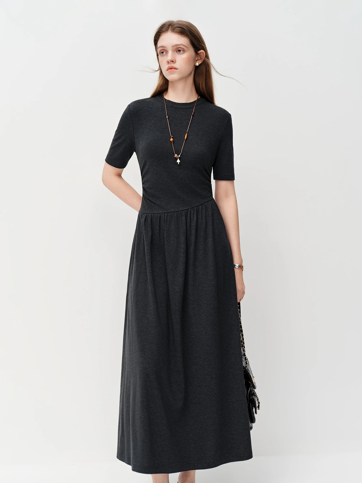 Black Pleated Waist Maxi Dress