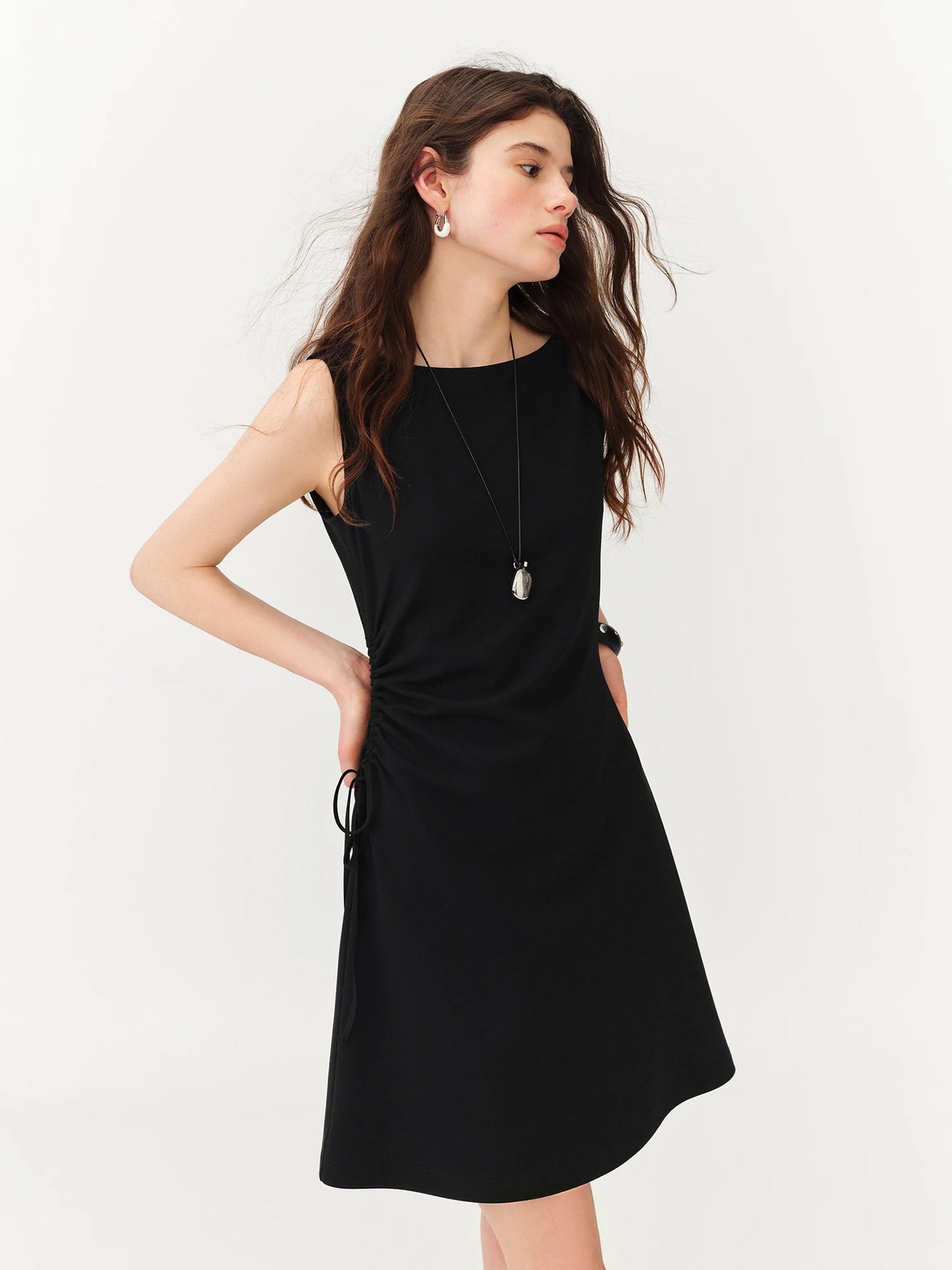 Black Drawstring Sleeveless Mini Dress