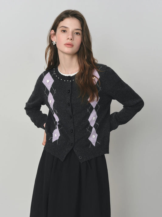 Black Argyle Ruffle Knit Cardigan