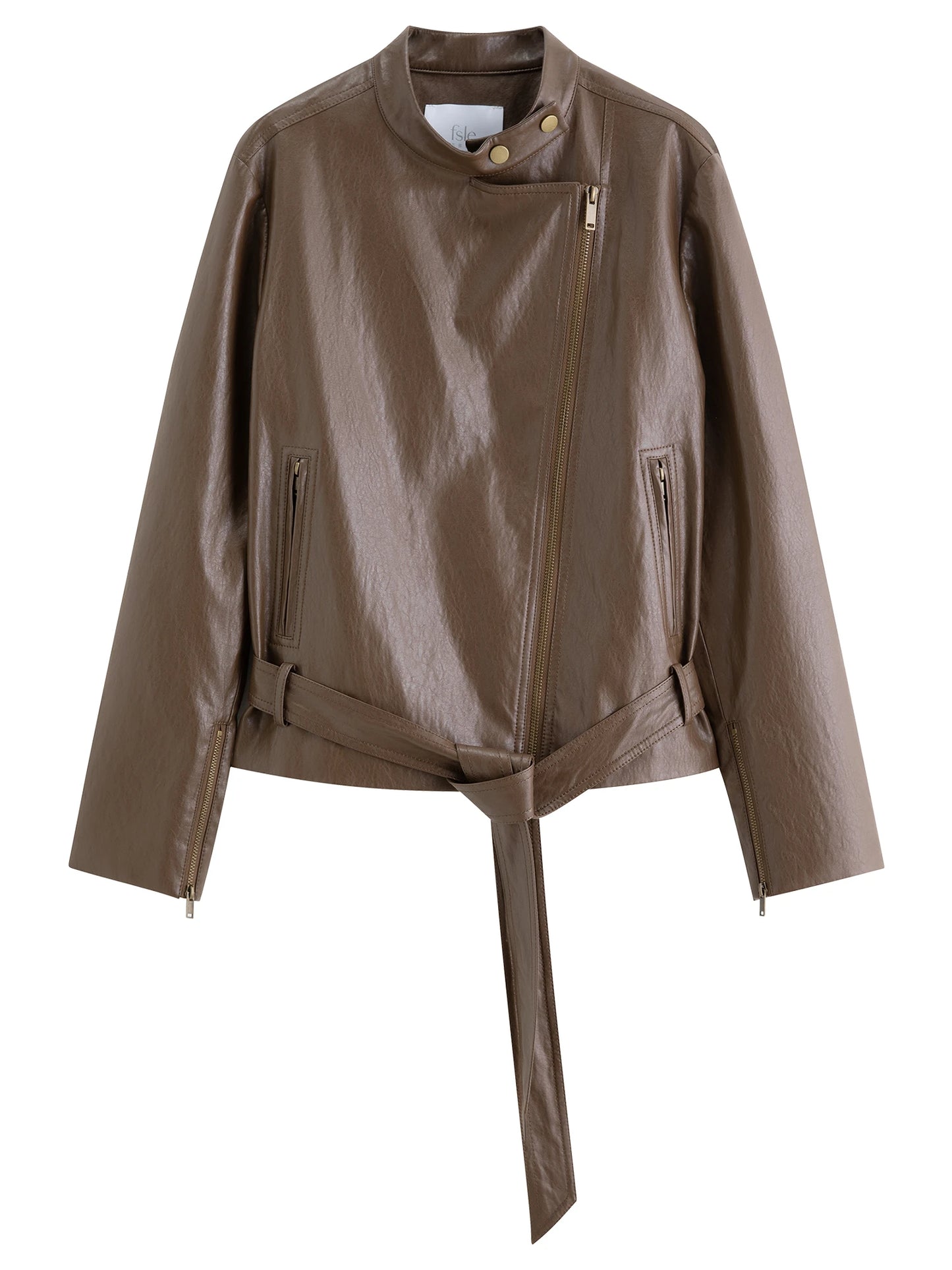 Brown Belted Leather Biker Jacket