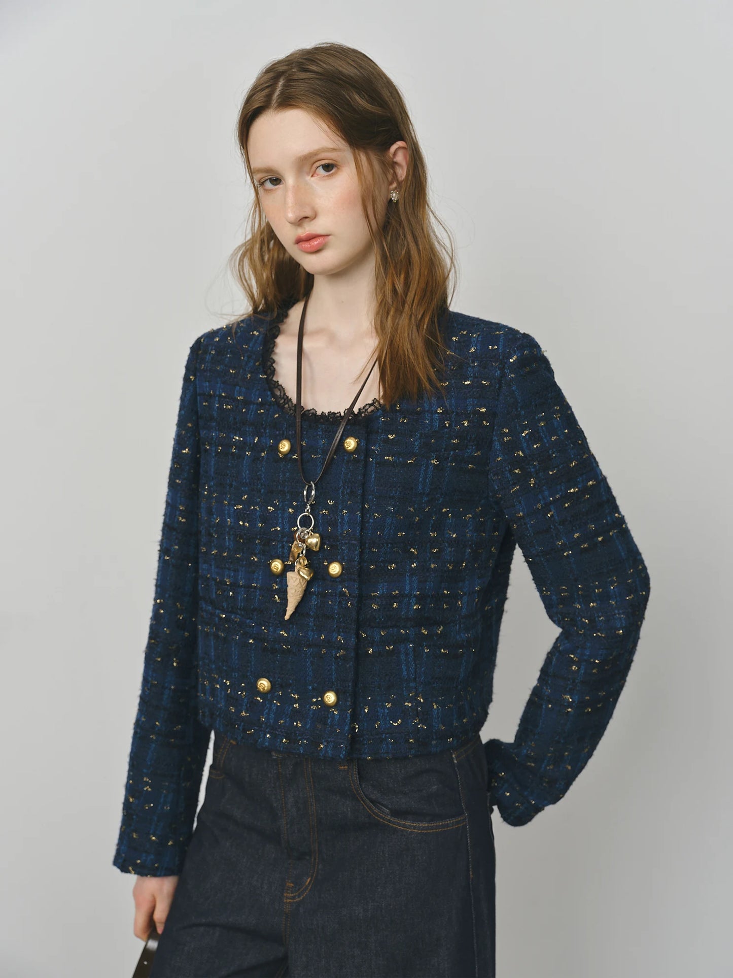 Navy Lace Trim Tweed Jacket