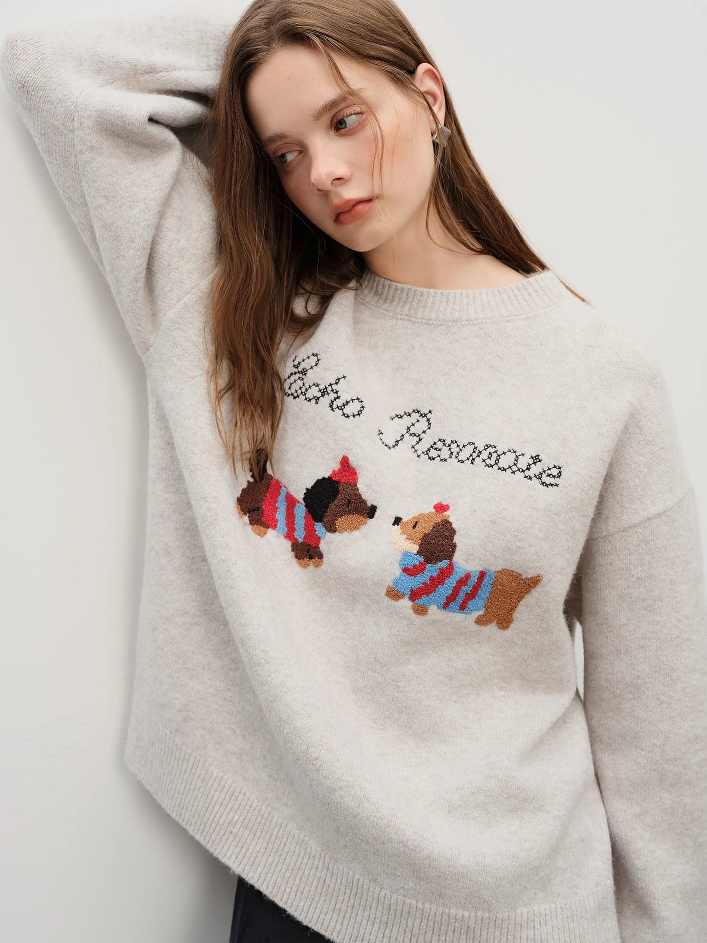 Grey Puppy Embroidered Knit Sweater