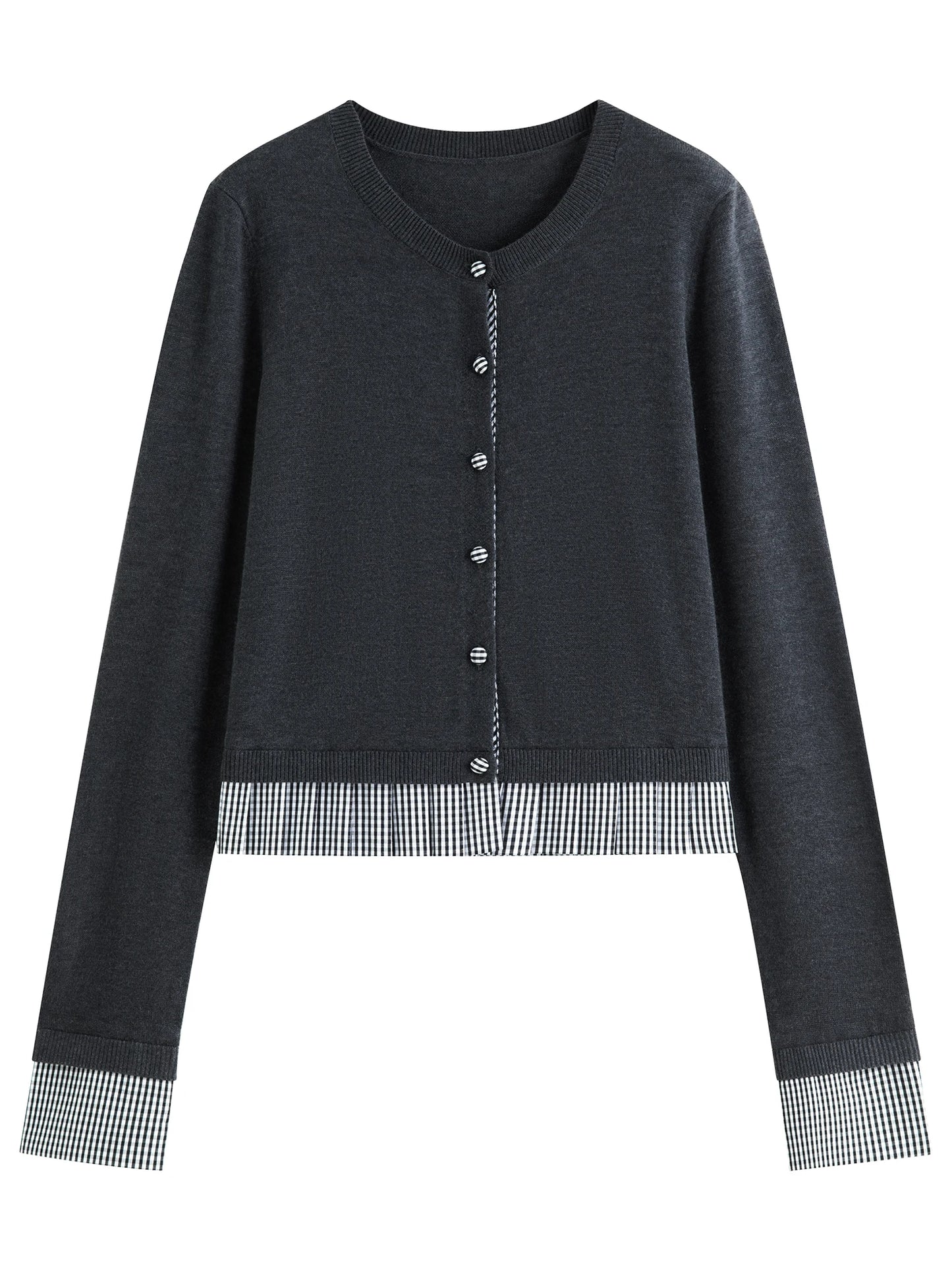Black Plaid Hem Knit Cardigan