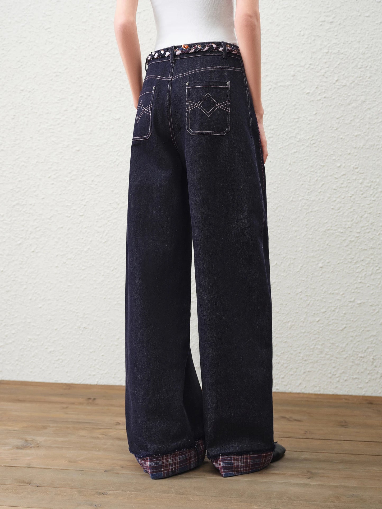 Indigo Plaid Cuff Straight Jeans