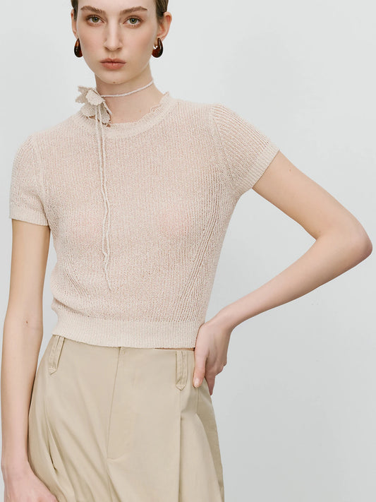 Beige Ruffle Neck Short Sleeve Knit