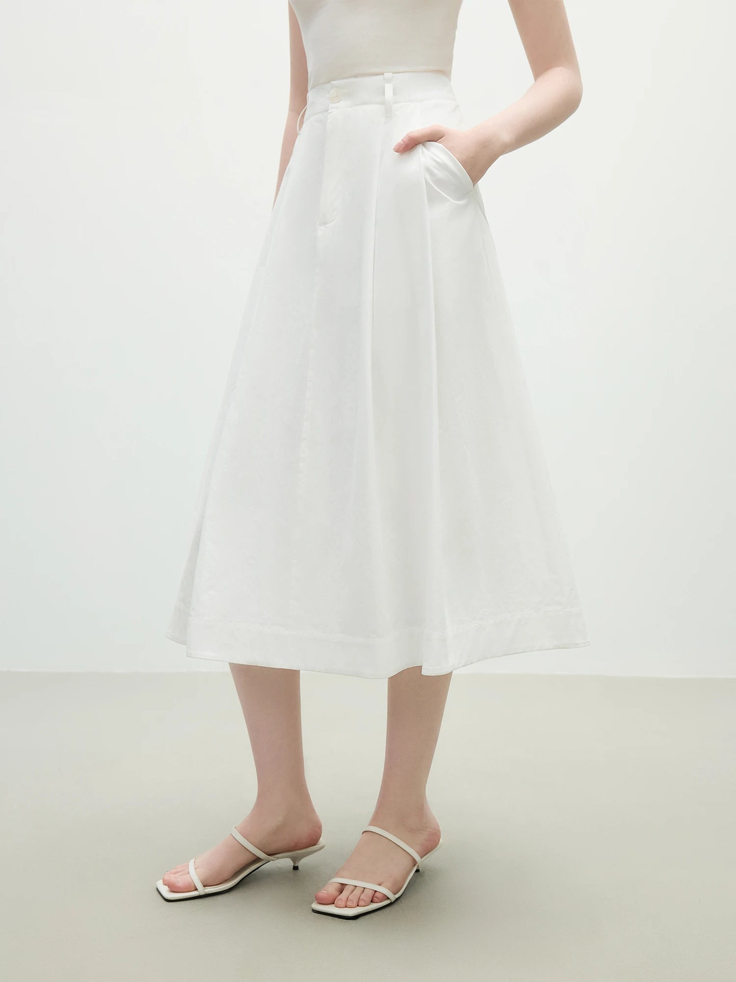 Ivory Pleated A-Line Midi Skirt