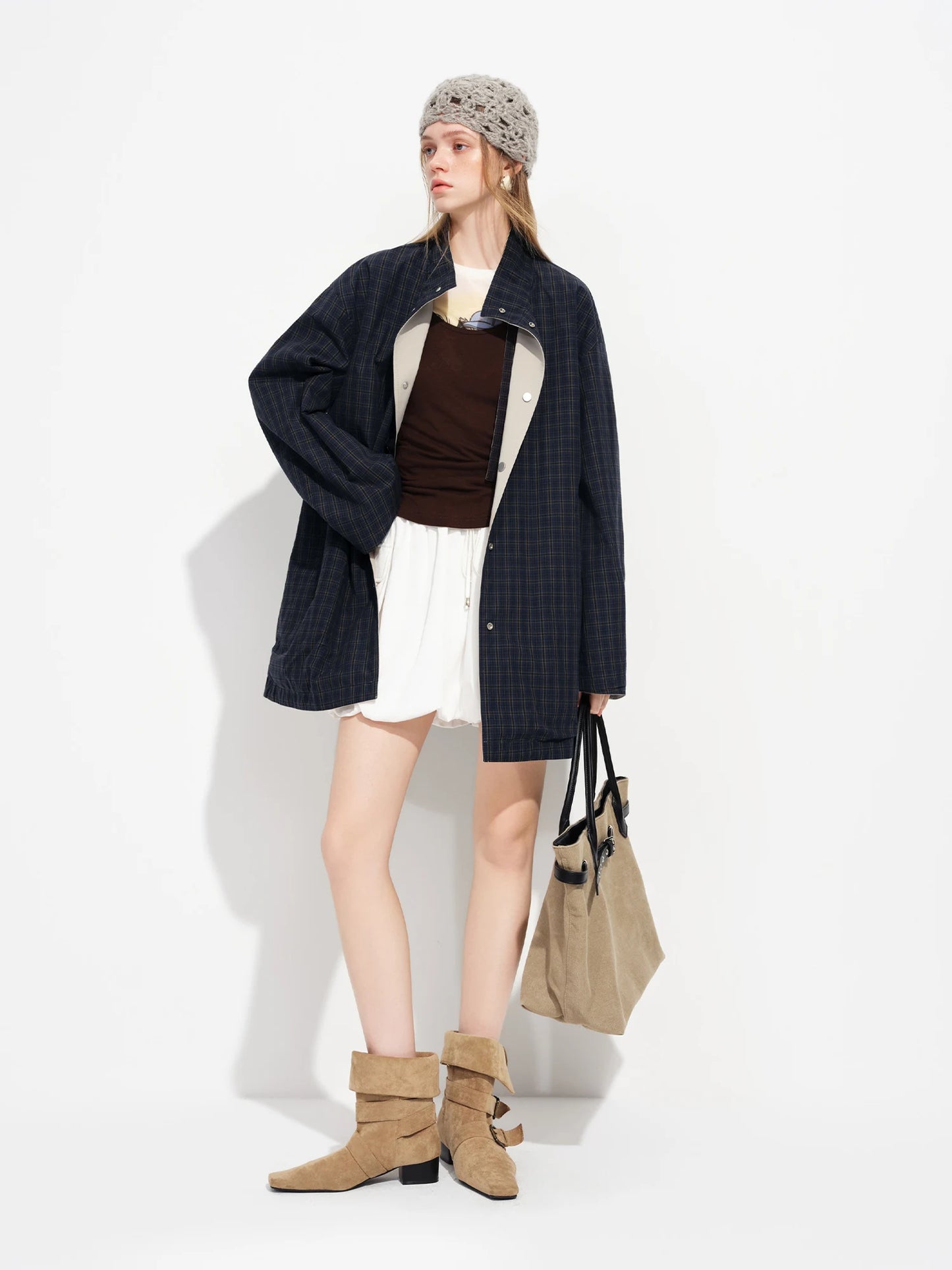 Stone Contrast Cuff Belted Short Trench