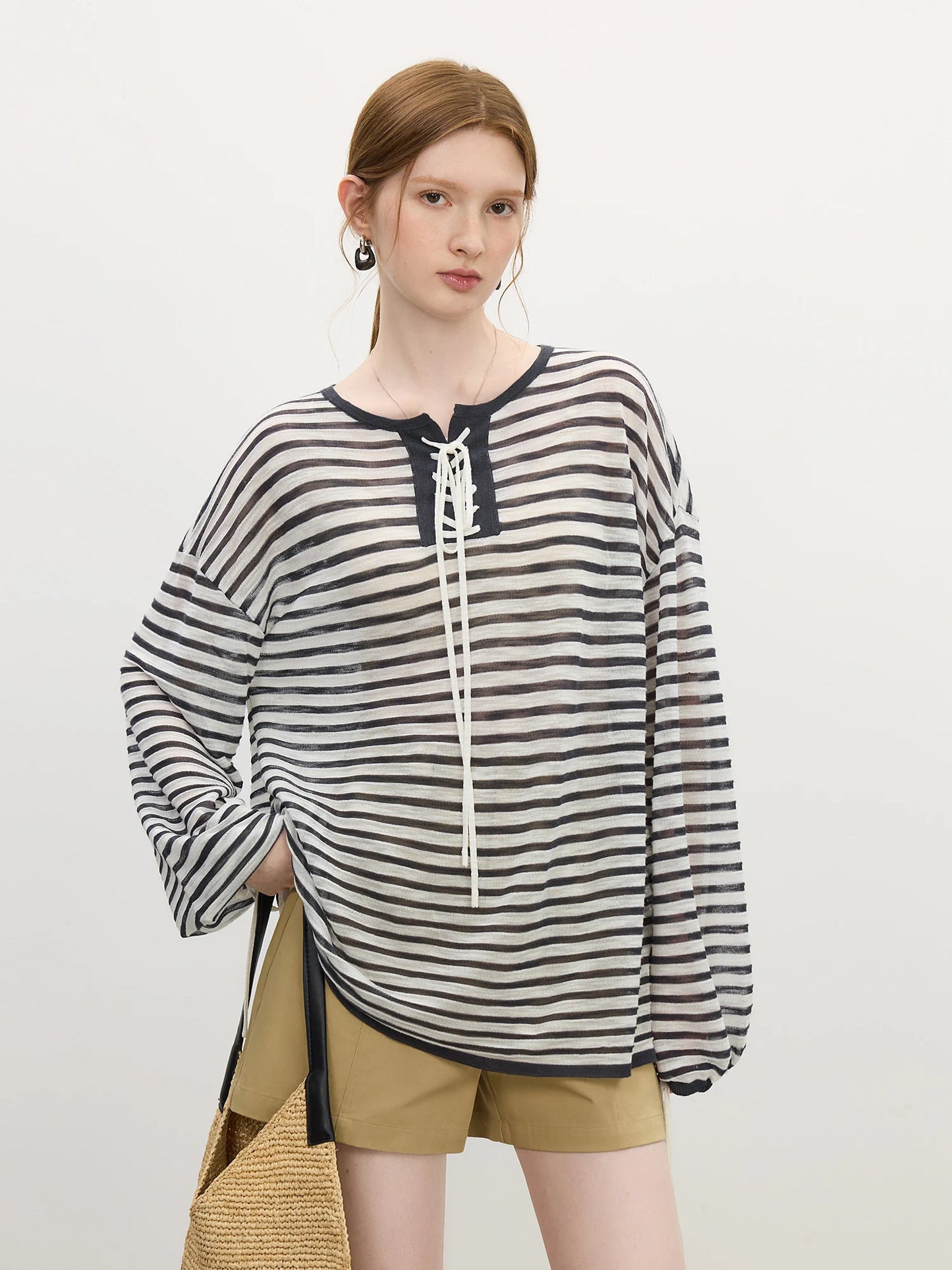 Blue Striped Lace Placket Oversized Shirt