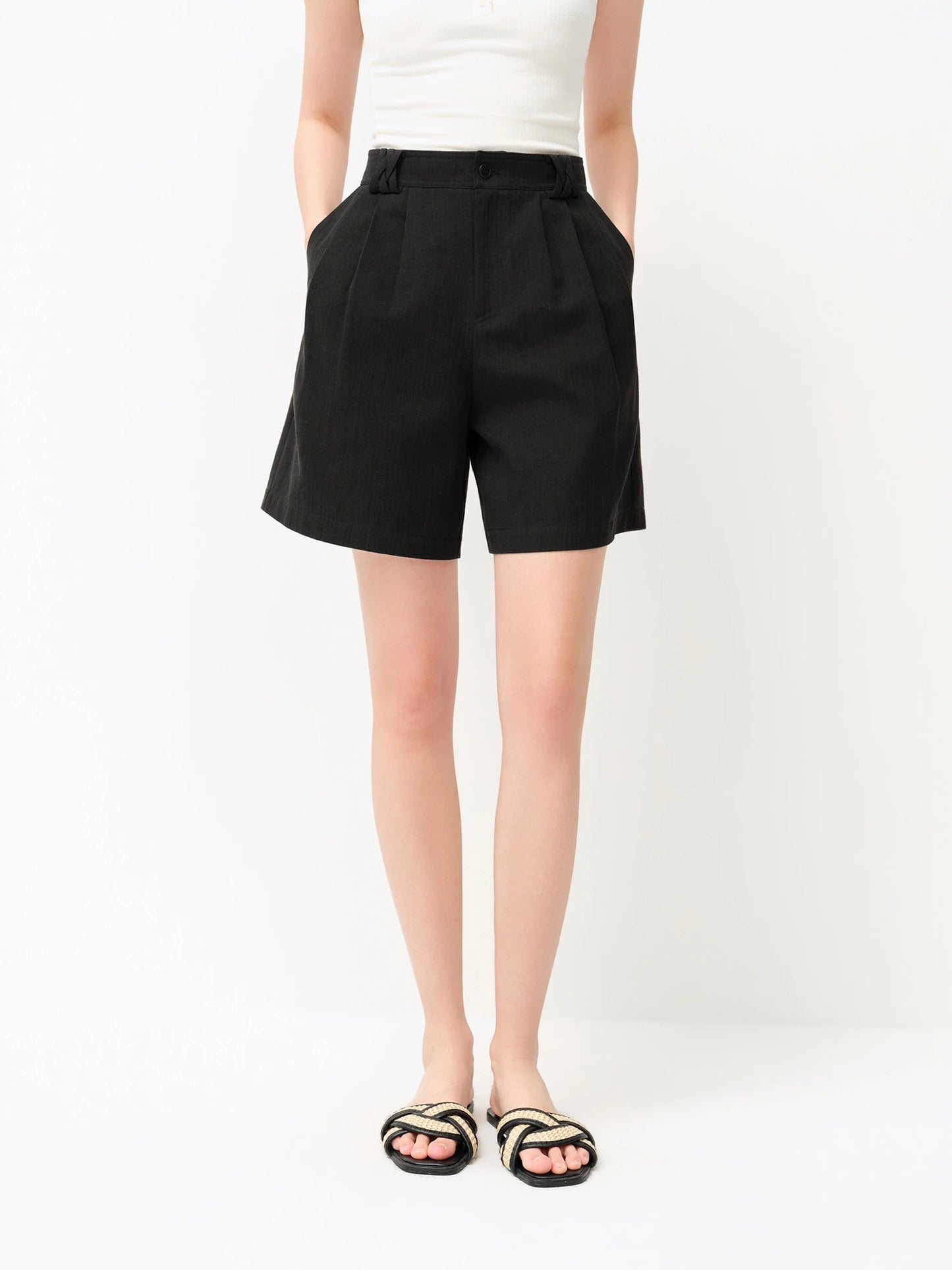 Beige Pleated Linen Blend Shorts