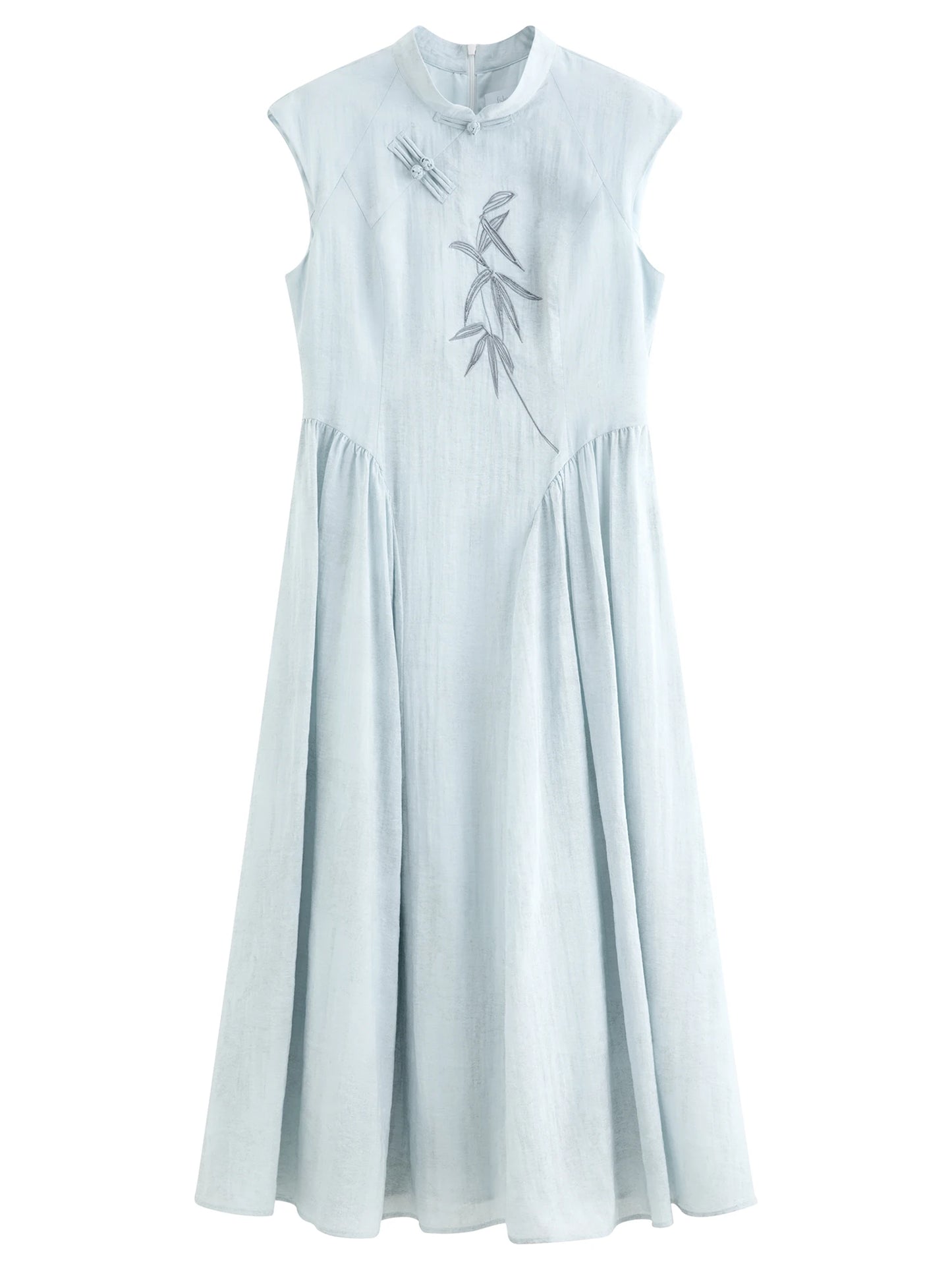 Pale Blue Embroidered Mandarin Collar Maxi Dress