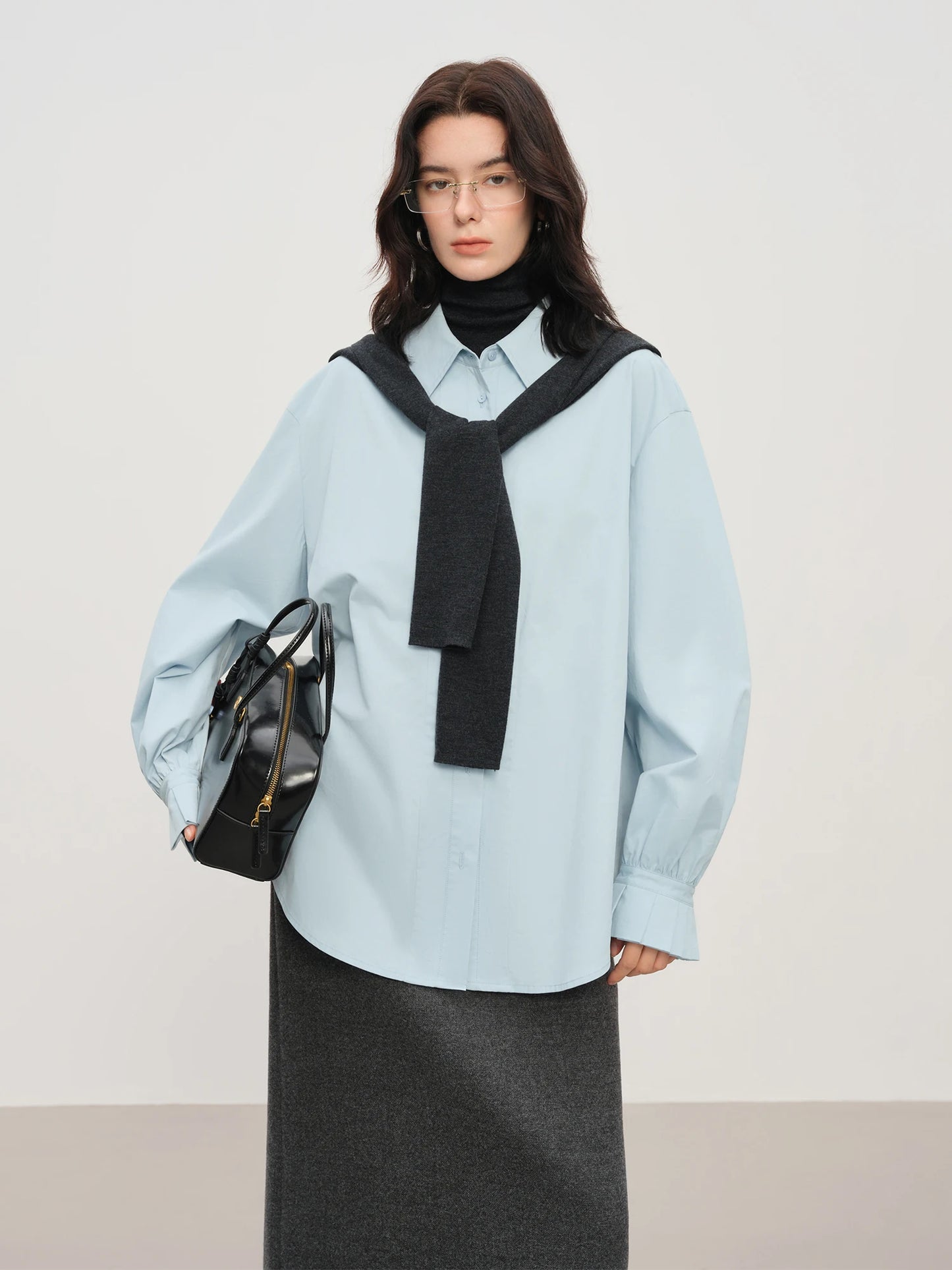 White Pleated Collar Cotton Shirt