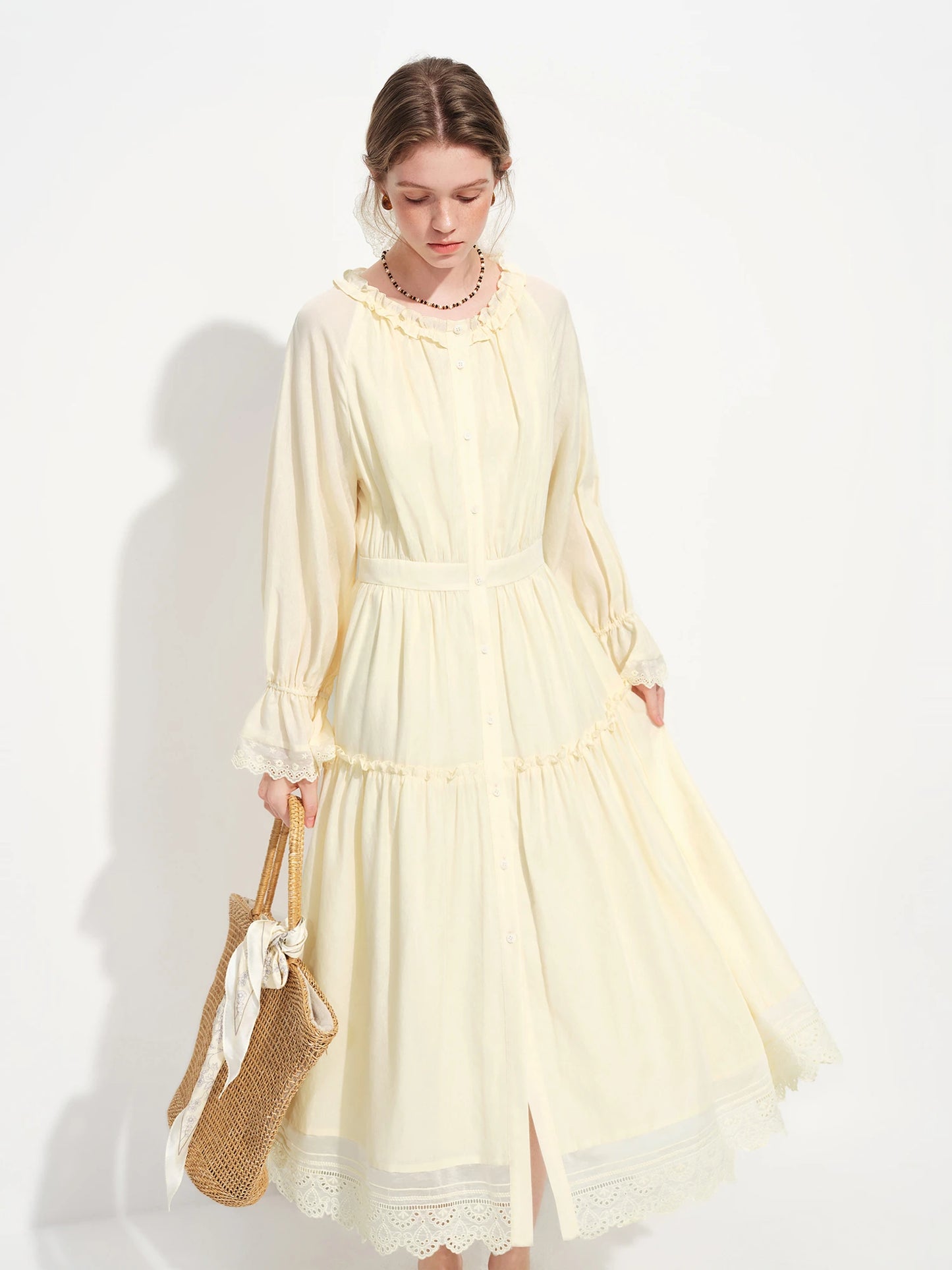 Ivory Lace Trim Long Sleeve Maxi Dress