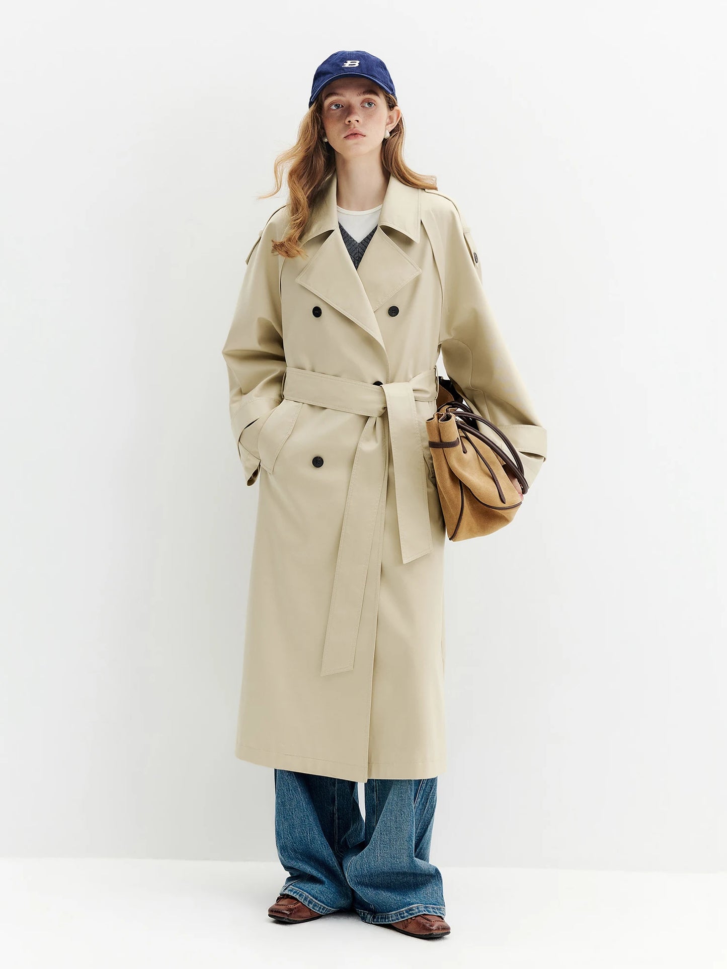 Ivory Double Breasted Belted Long Trench