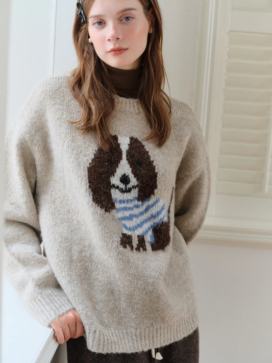 Oatmeal Puppy Jacquard Knit Sweater