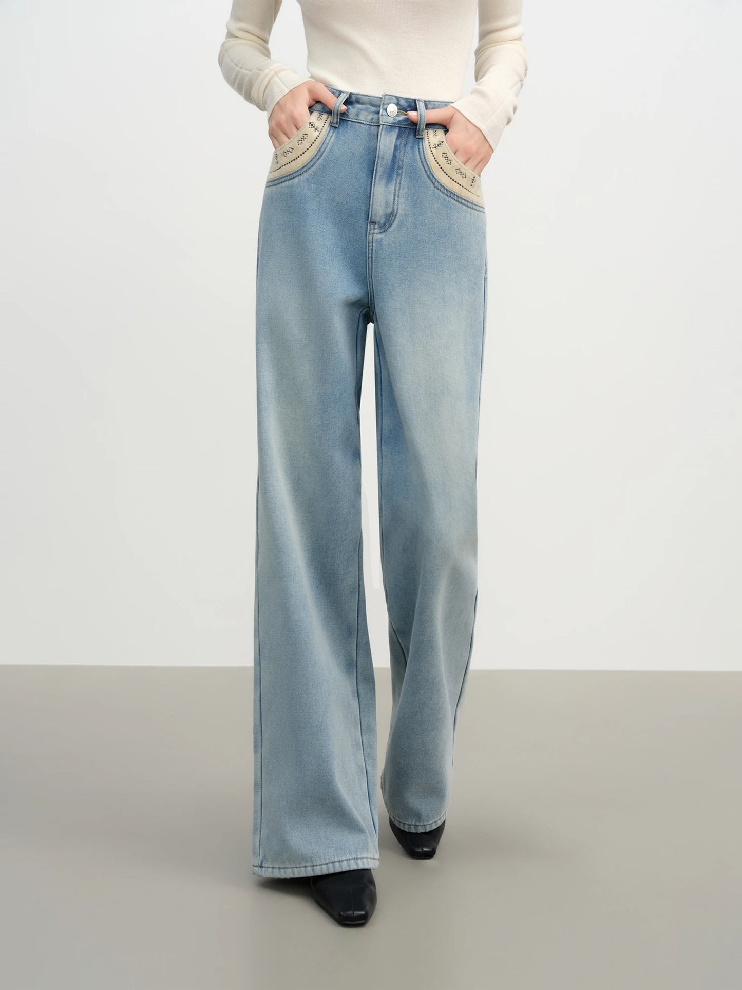 Light Wash Embroidered Wide Leg Jeans