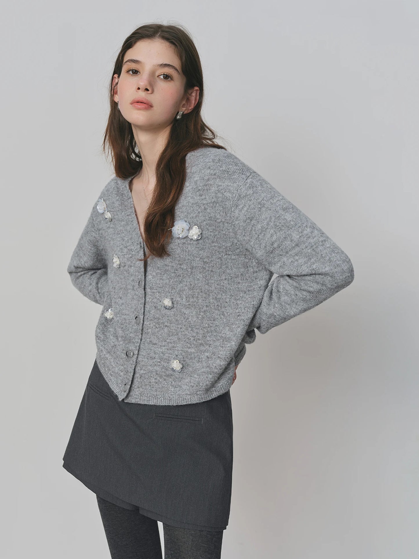 Grey Floral Beaded V Neck Cardigan