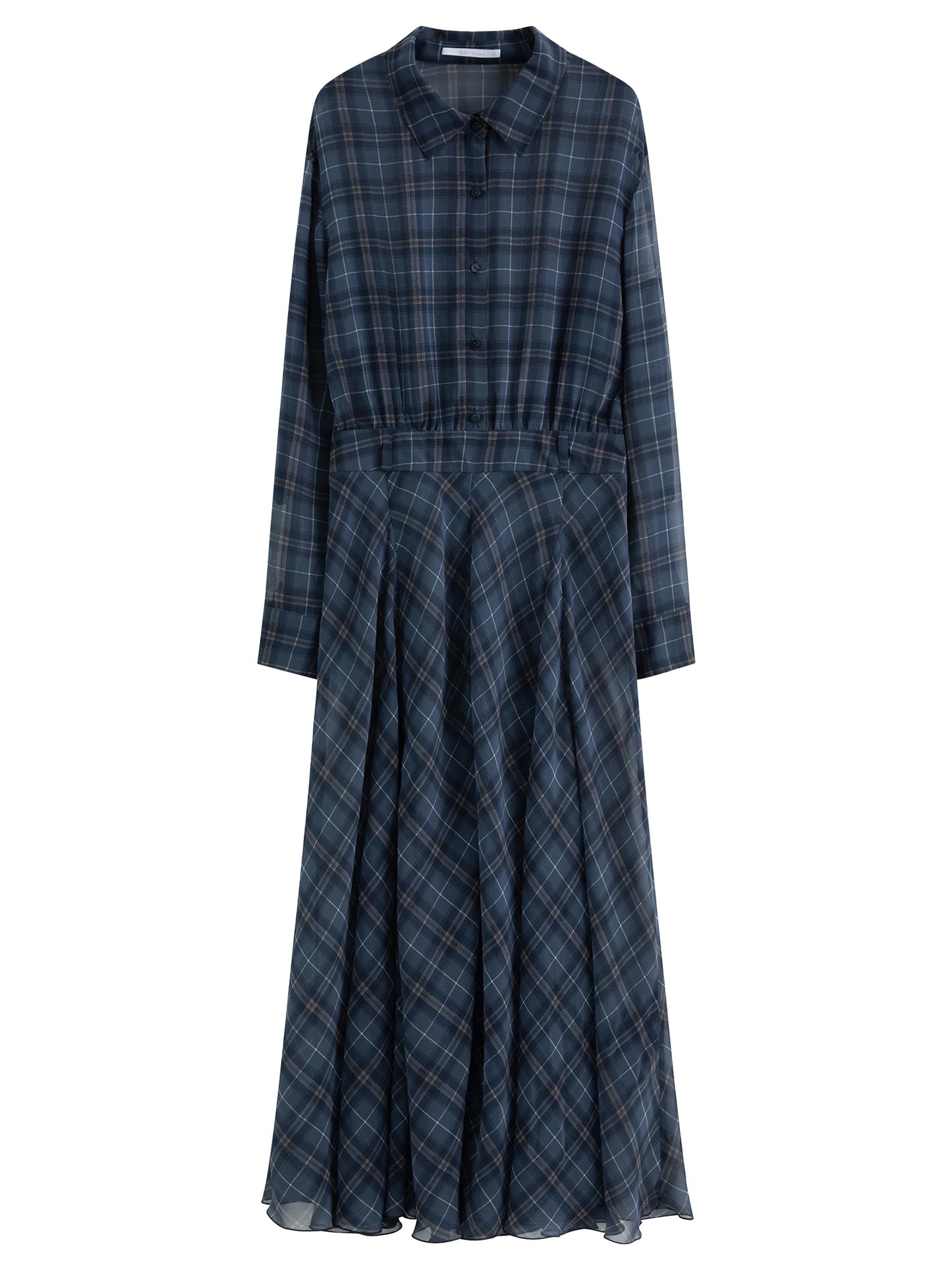 Navy Plaid Belted Shirt Maxi Dress