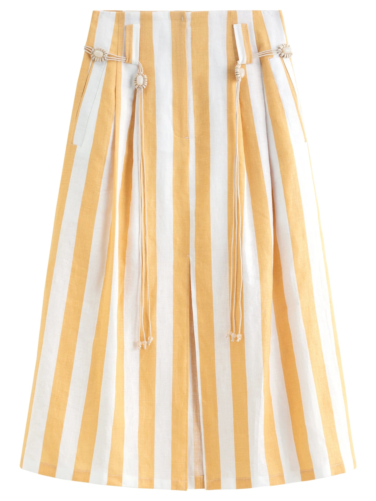 Yellow Striped Pleated Midi Skirt