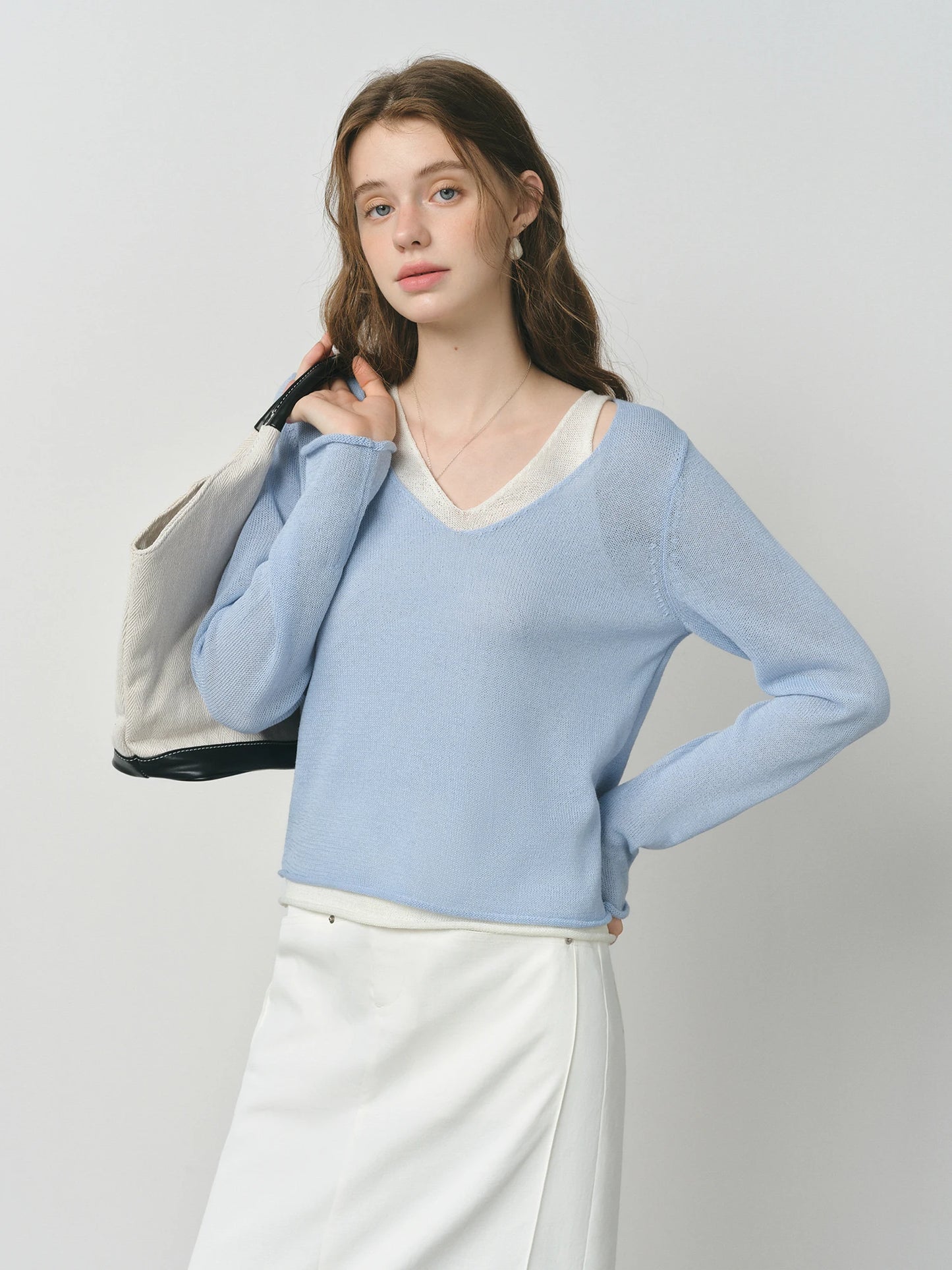 Chocolate Contrast Neck Sheer Knit Top