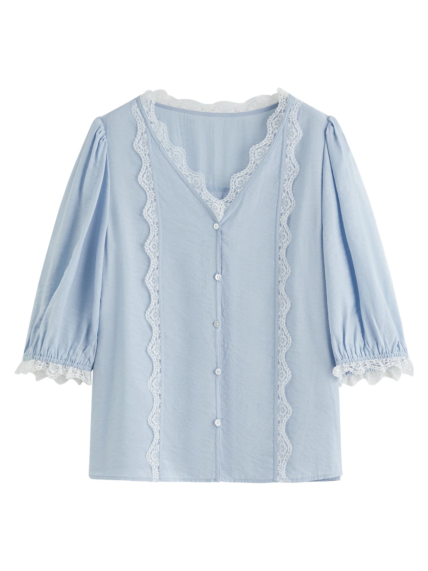 White Lace V Neck Linen Blouse