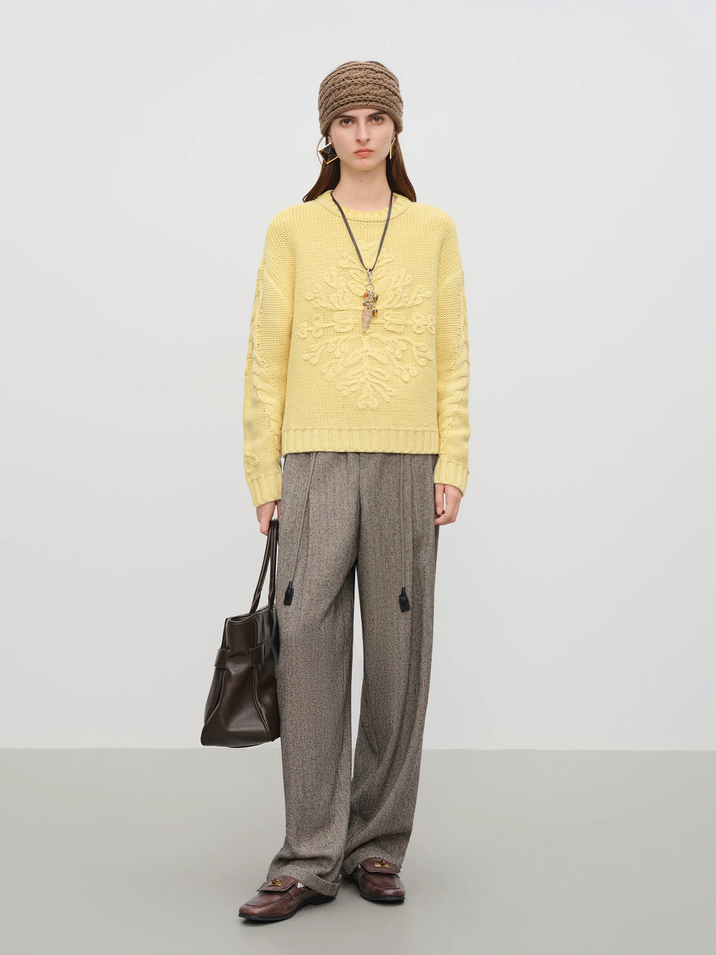 Brown Herringbone Tapered Trousers