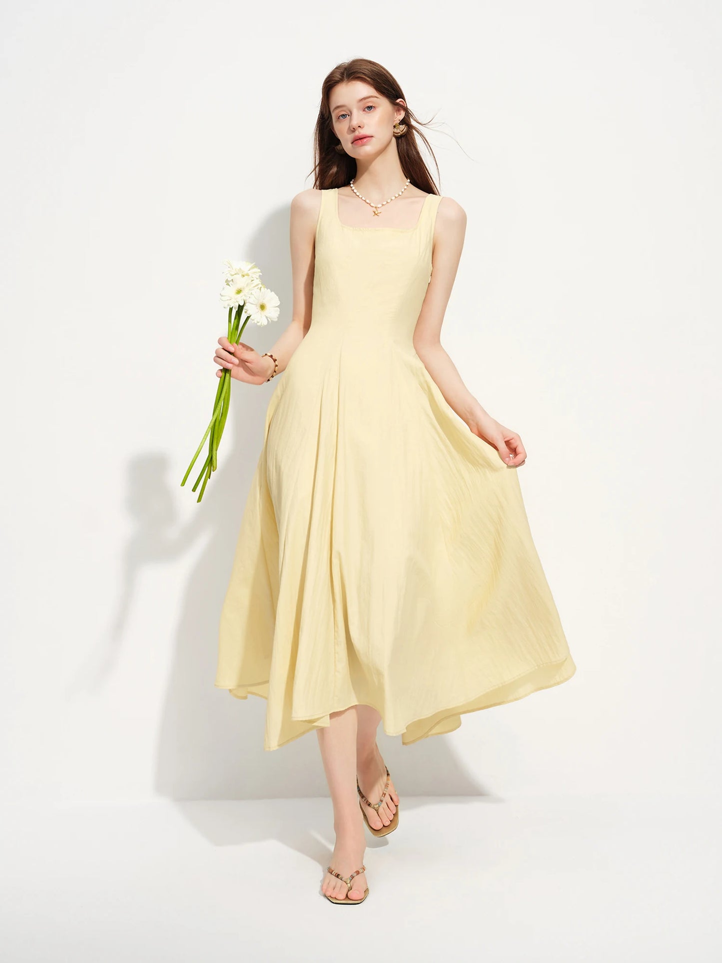 Brown Polka Dot Square Neck Maxi Dress