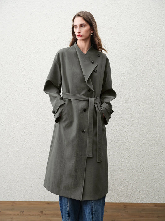 Dark Olive Asymmetric Belted Long Trench