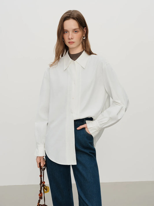 White Pleated Collar Cotton Shirt