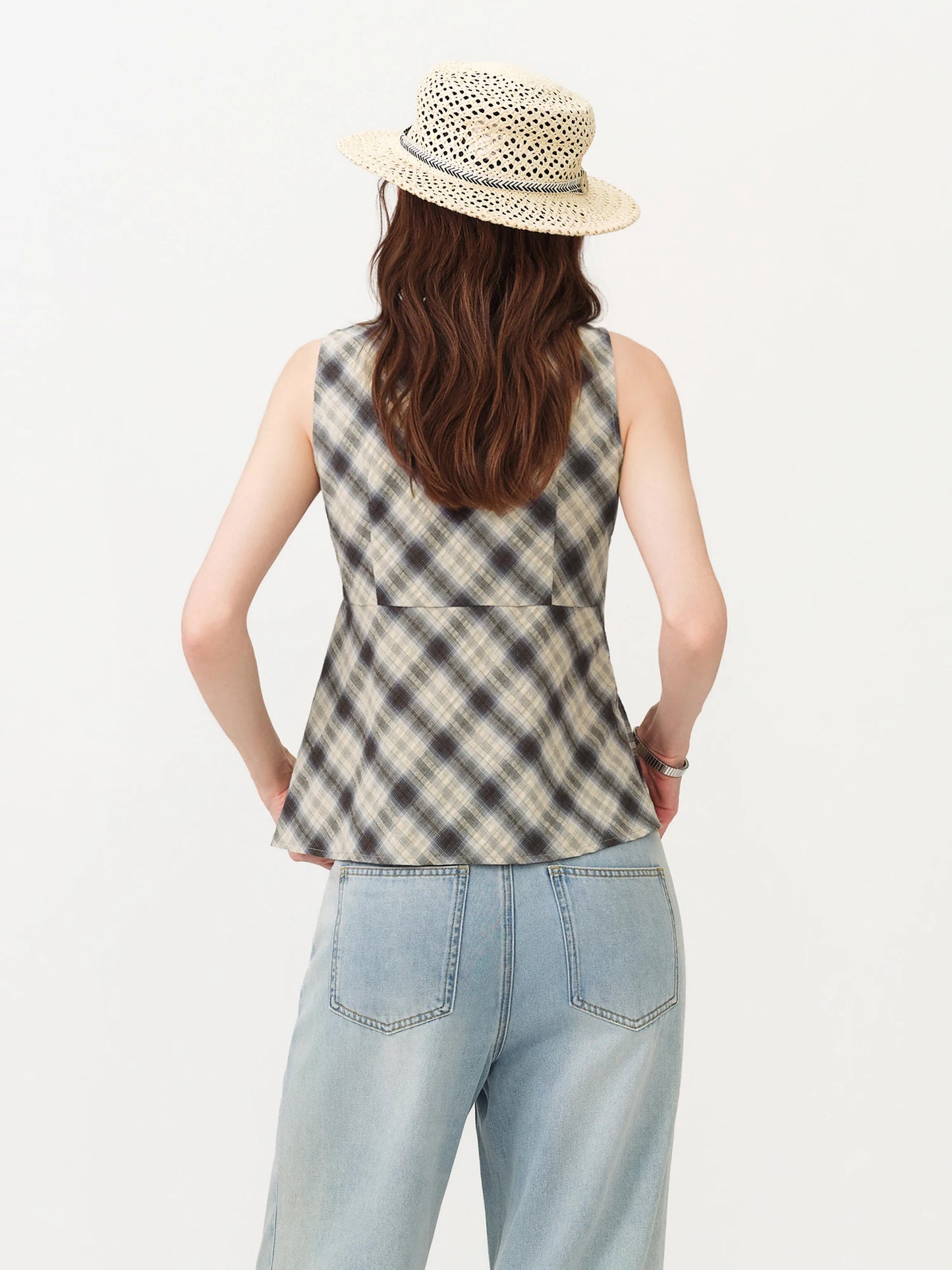 Beige Plaid Tie Waist Sleeveless Blouse