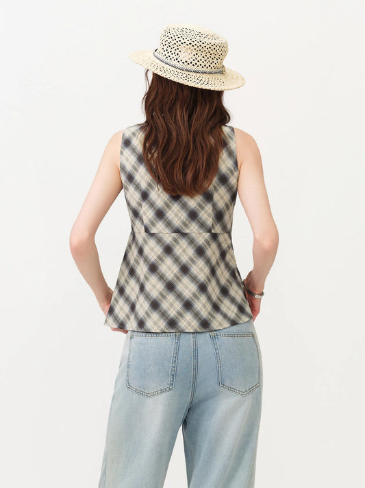 Beige Plaid Tie Waist Sleeveless Blouse