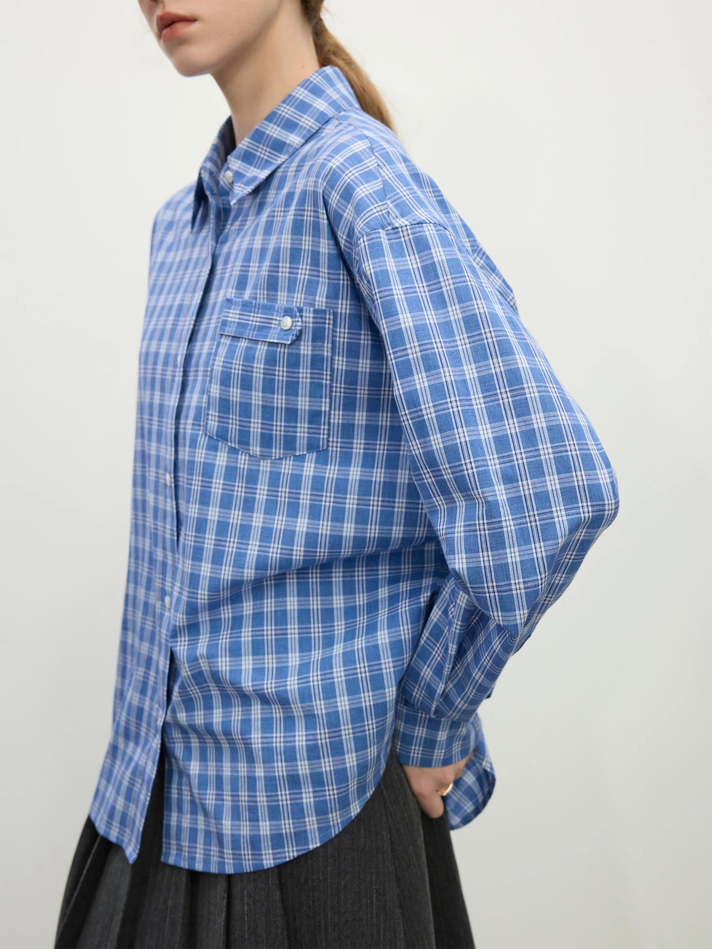 Blue Gingham Cropped Button Shirt