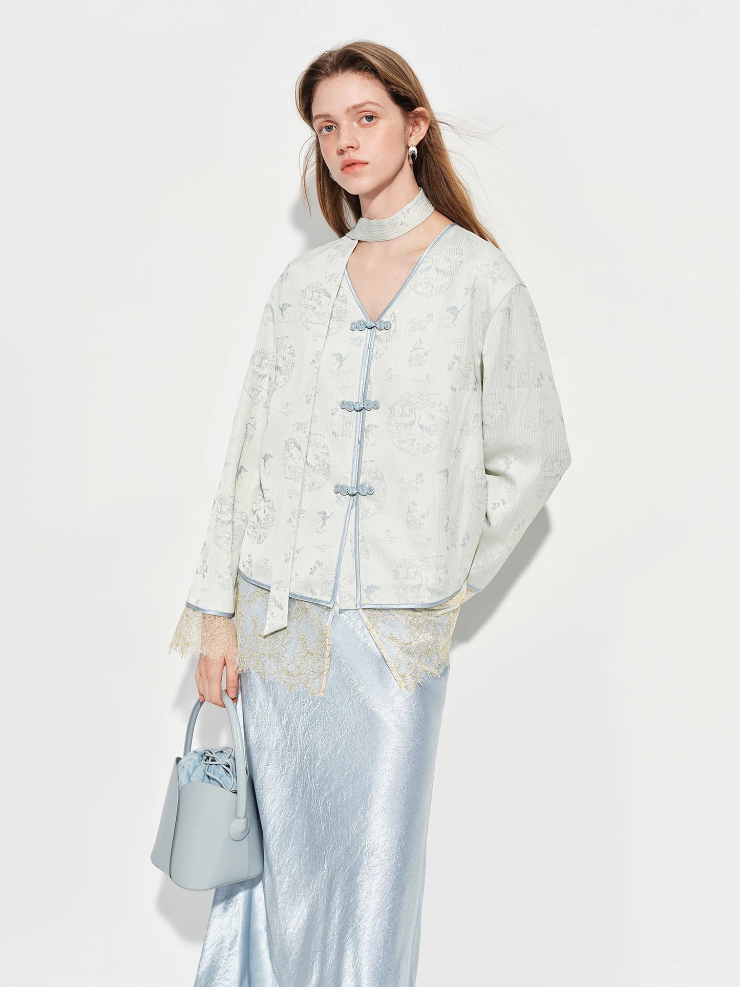 Pale Blue Jacquard Mandarin Collar Blazer