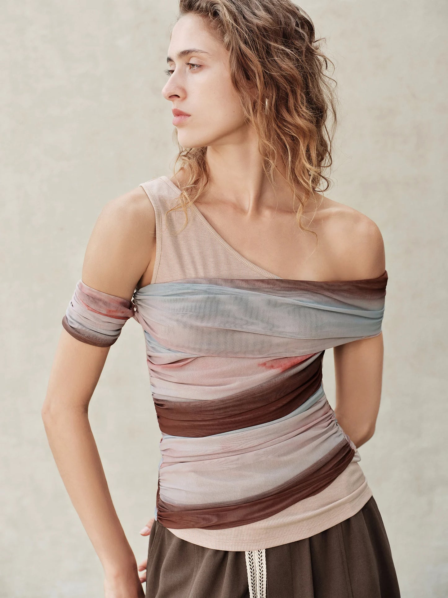 Taupe Asymmetric Striped Mesh Top
