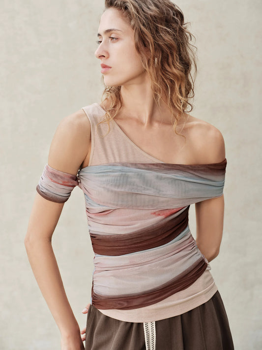 Taupe Asymmetric Striped Mesh Top