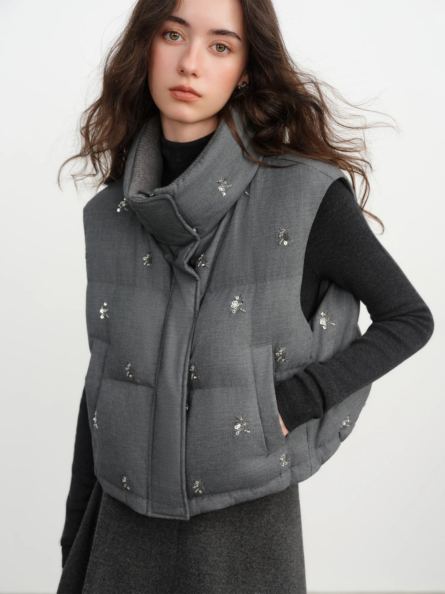 Charcoal Beaded Puffer Vest