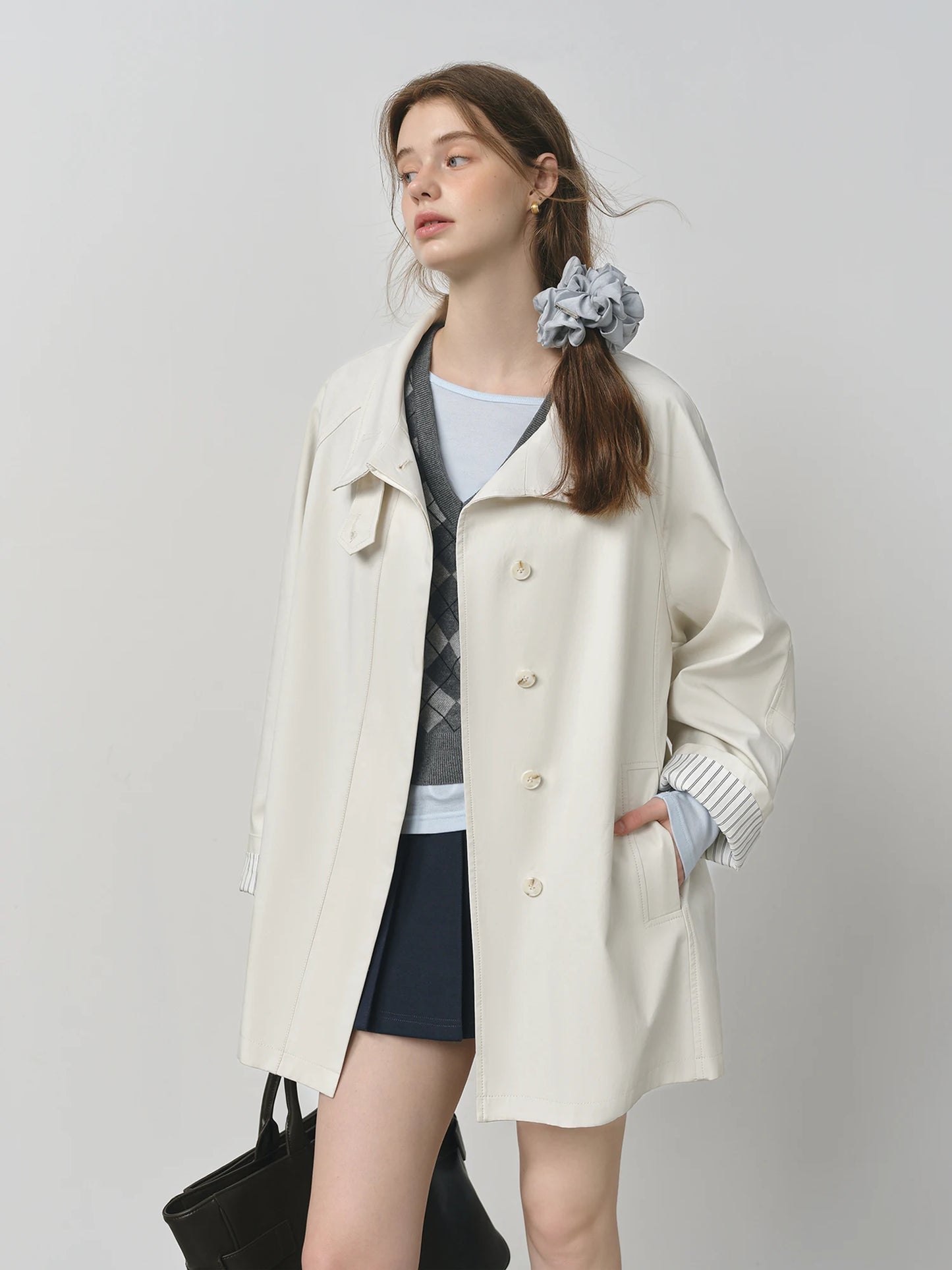 Light Grey Stand Collar Belted Trench