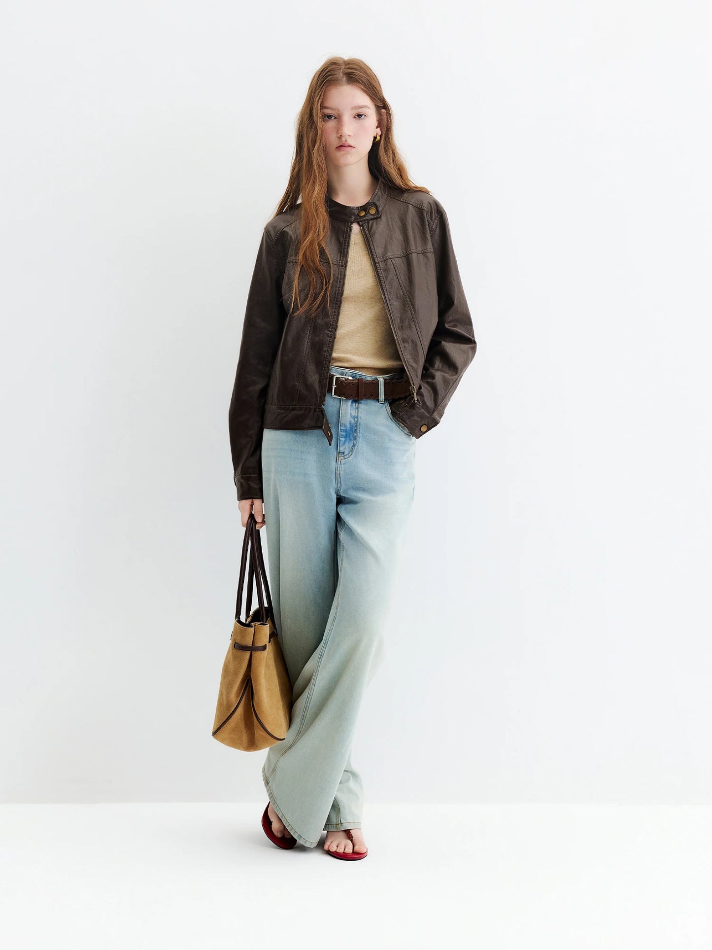 Dark Brown Stand Collar Leather Jacket