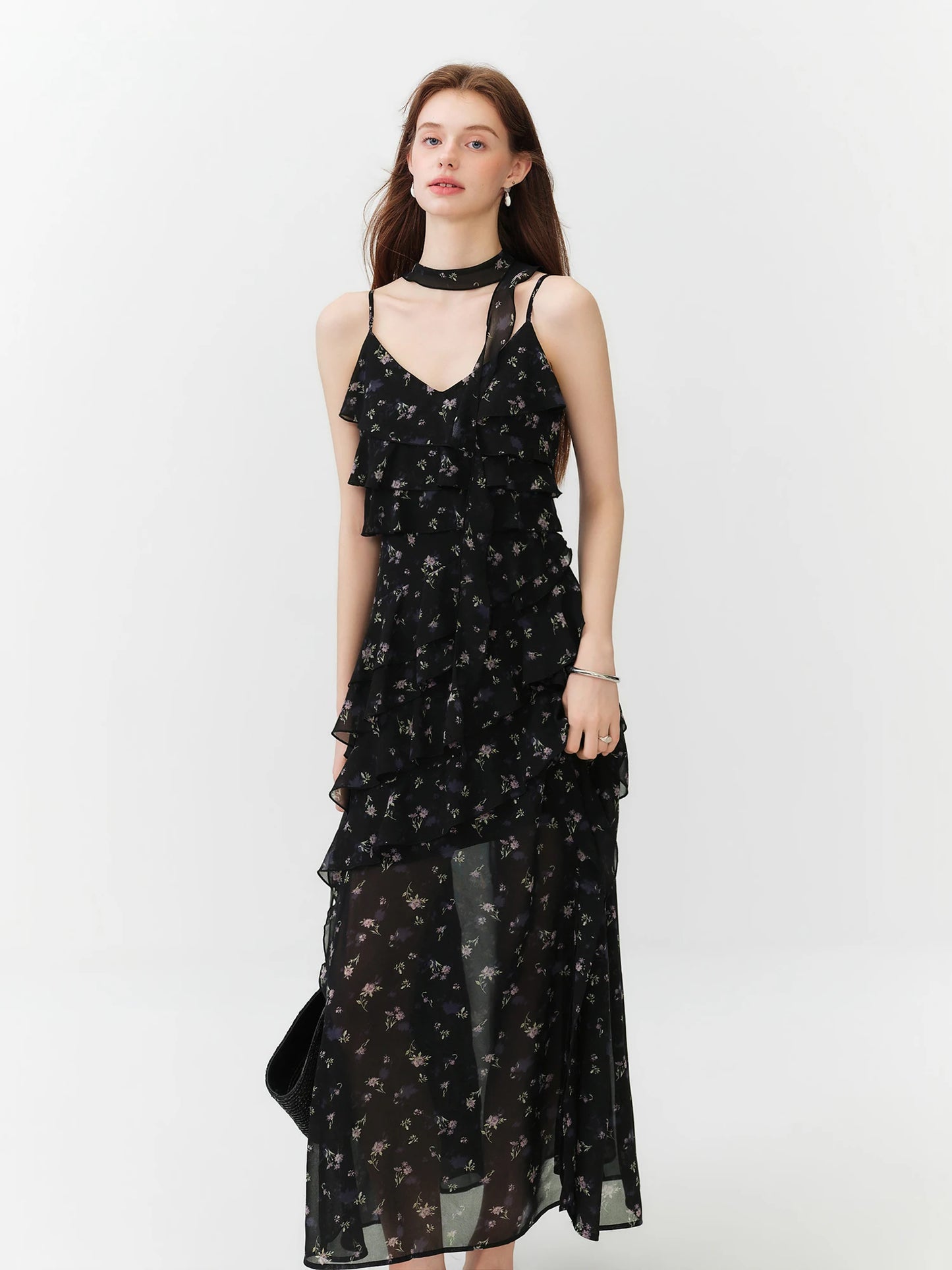 Black Floral Ruffle Tiered Maxi Dress