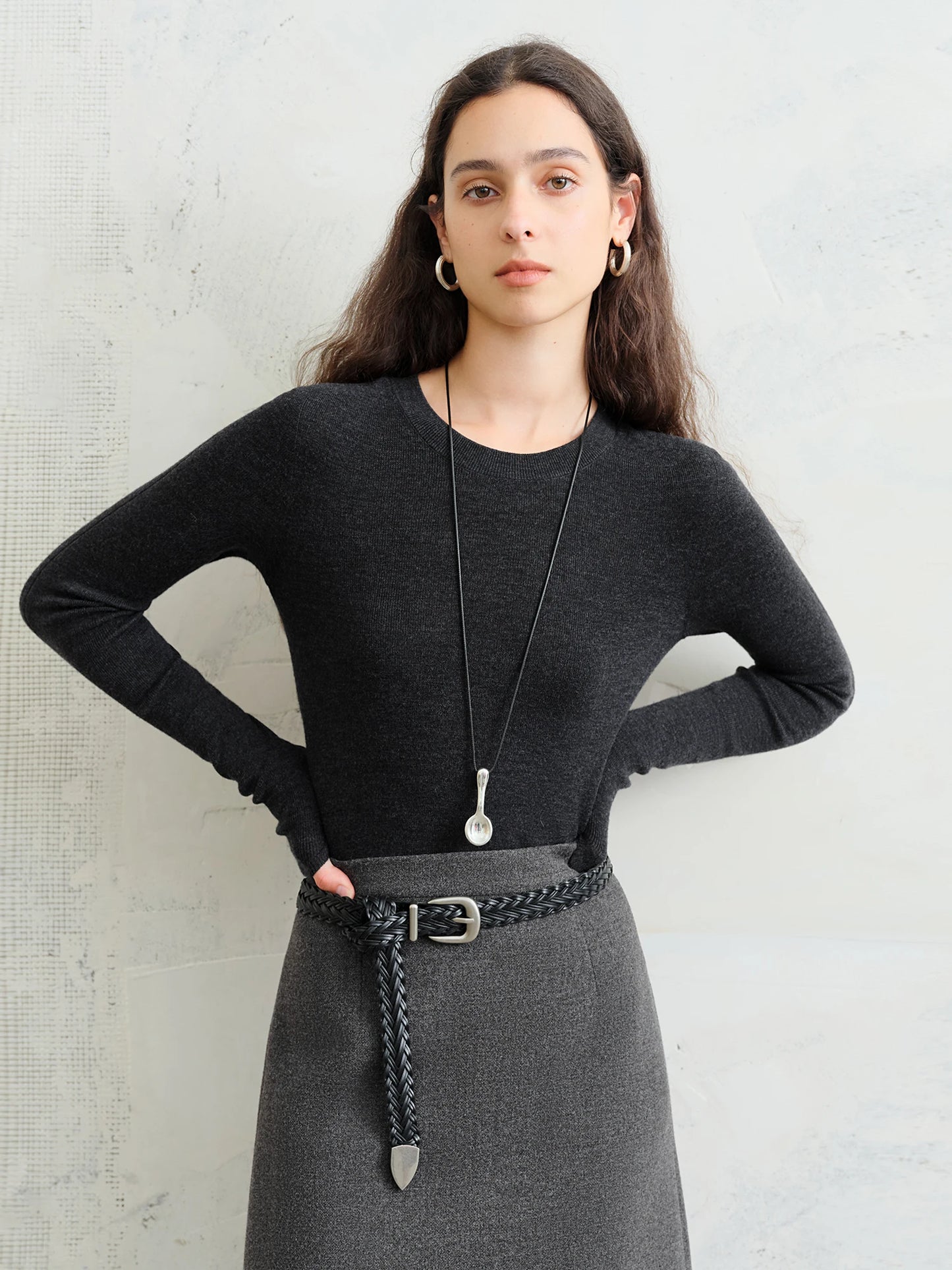 Black Slim Crew Neck Knit Top