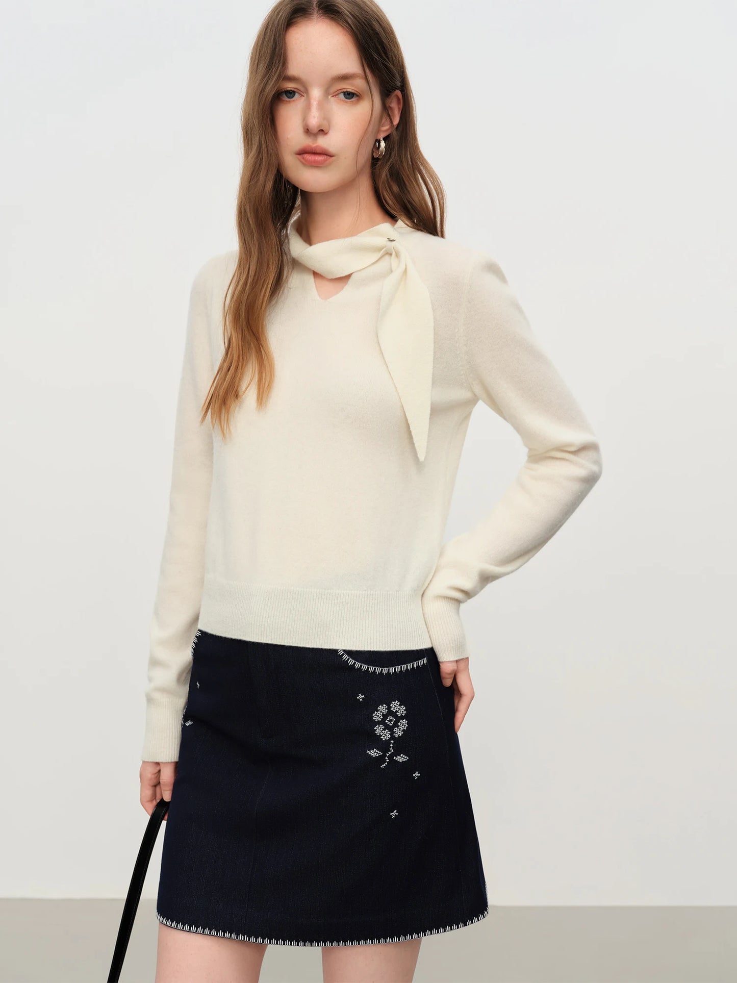 Ivory Bow Neck Knit Sweater