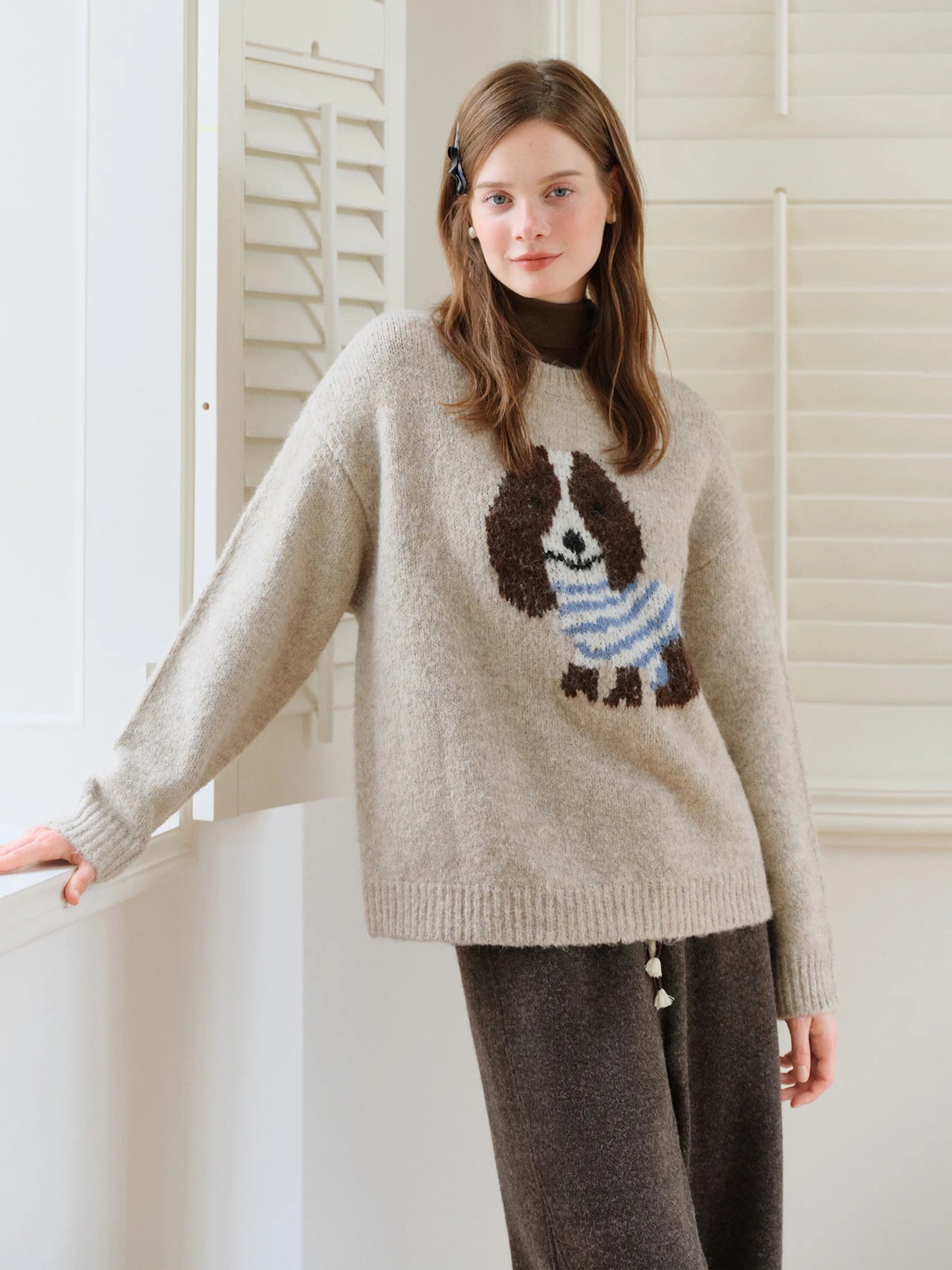 Oatmeal Puppy Jacquard Knit Sweater